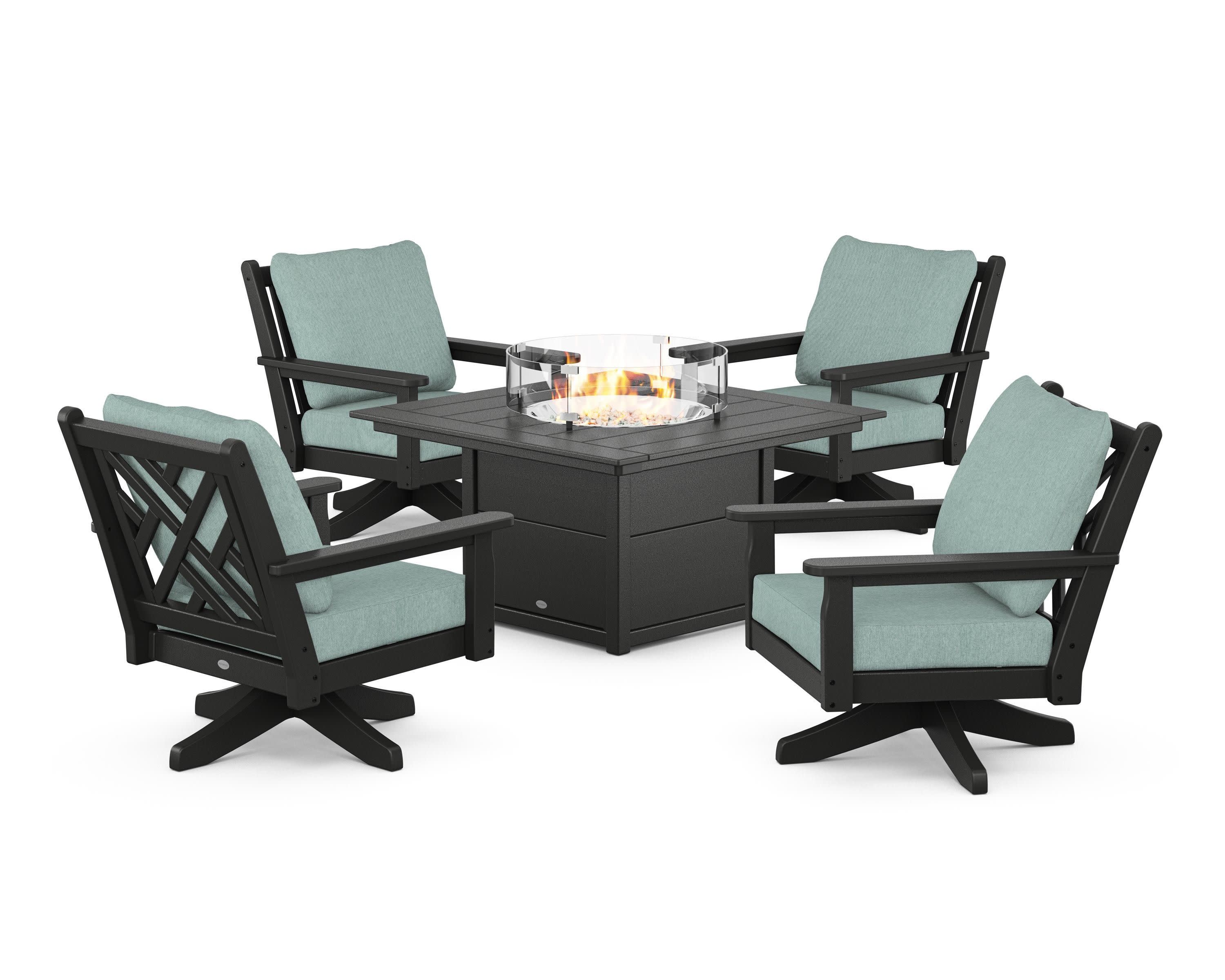 Chippendale 5-Piece Deep Seating Swivel Conversation Set with Fire Pit Table in Black / Glacier Spa