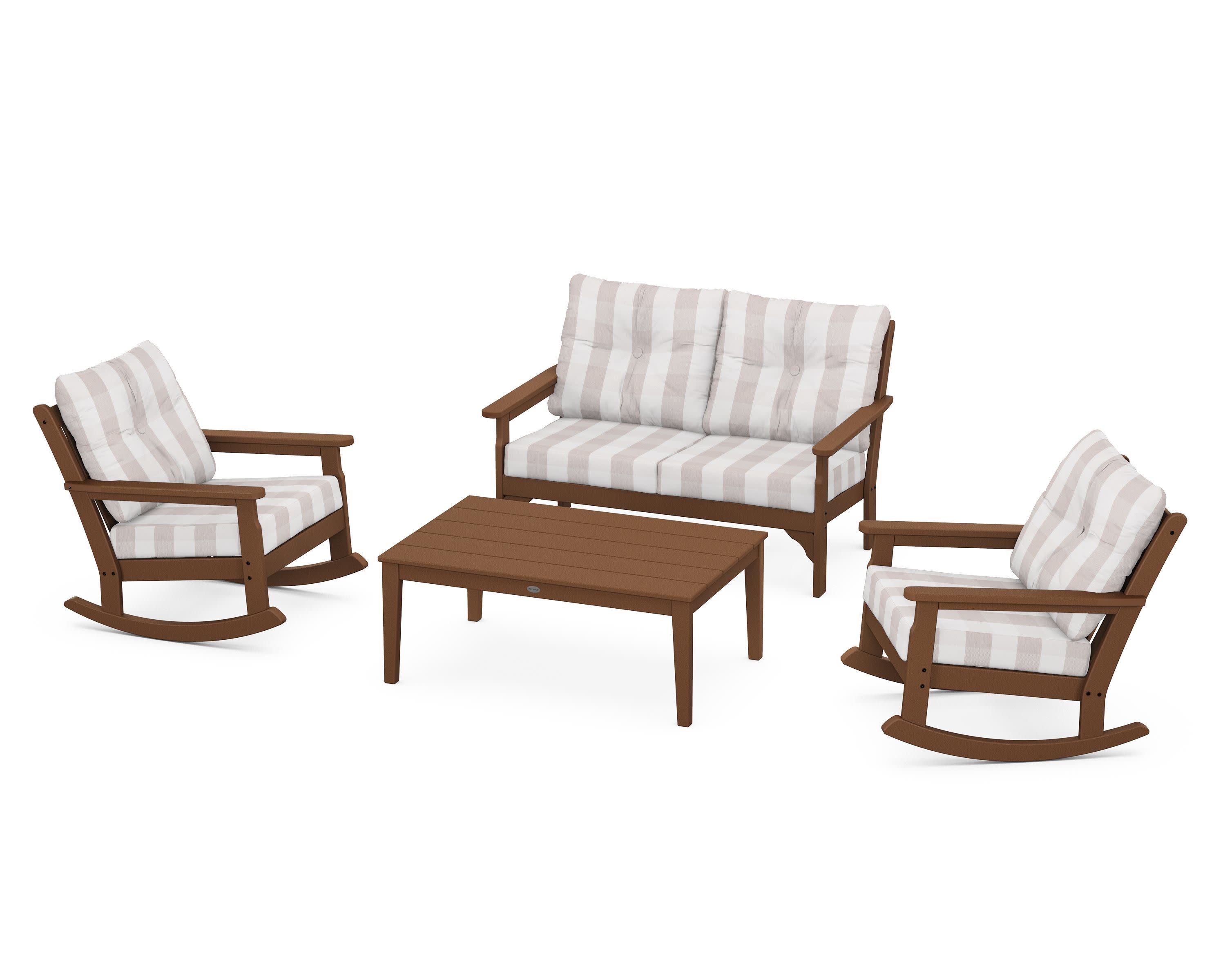 Vineyard 4-Piece Deep Seating Rocking Chair Set in Teak / Buffalo Plaid Dune Burlap