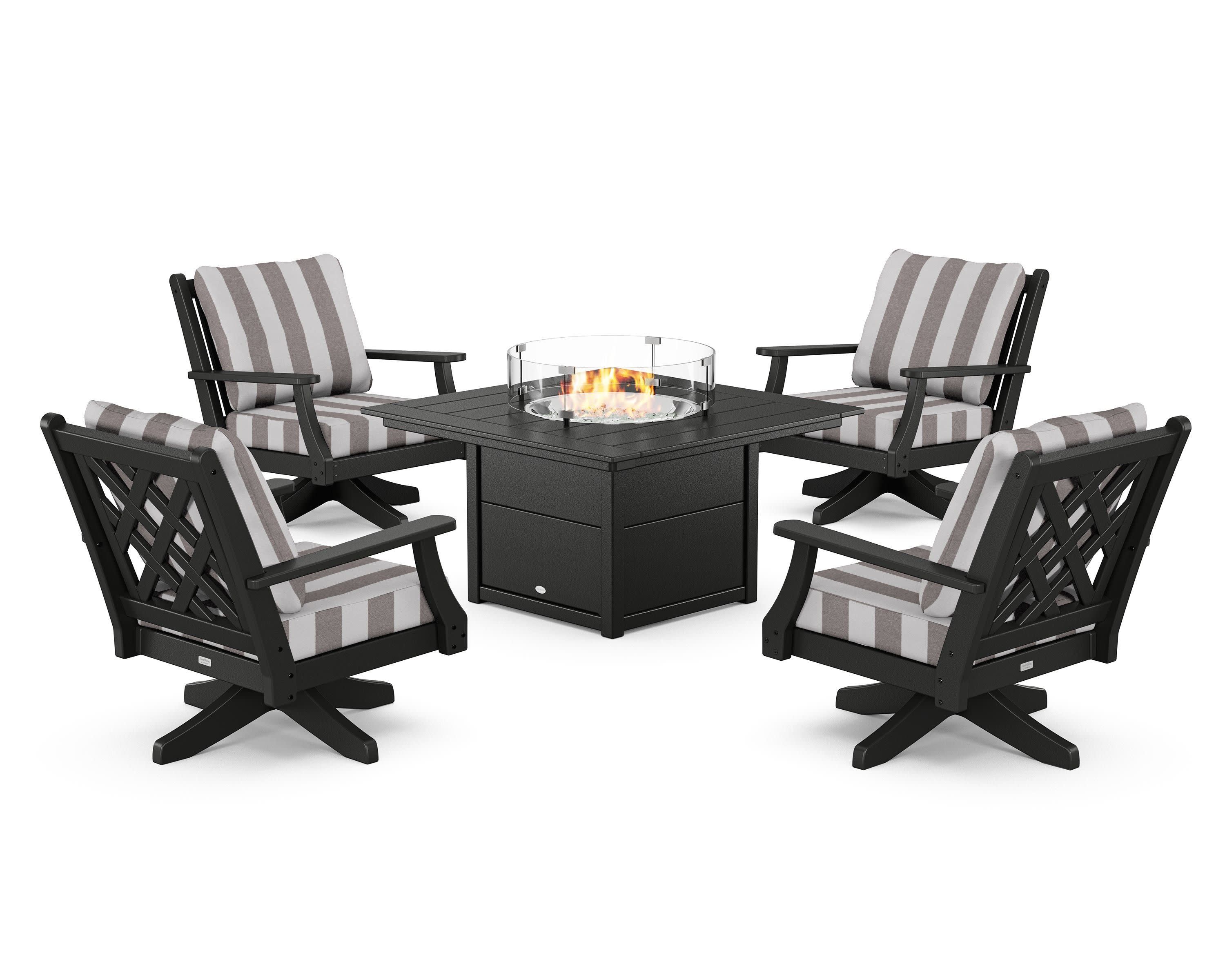 Wovendale 5-Piece Deep Seating Swivel Conversation Set with Fire Pit Table in Black / Cabana Stripe Grey Mist