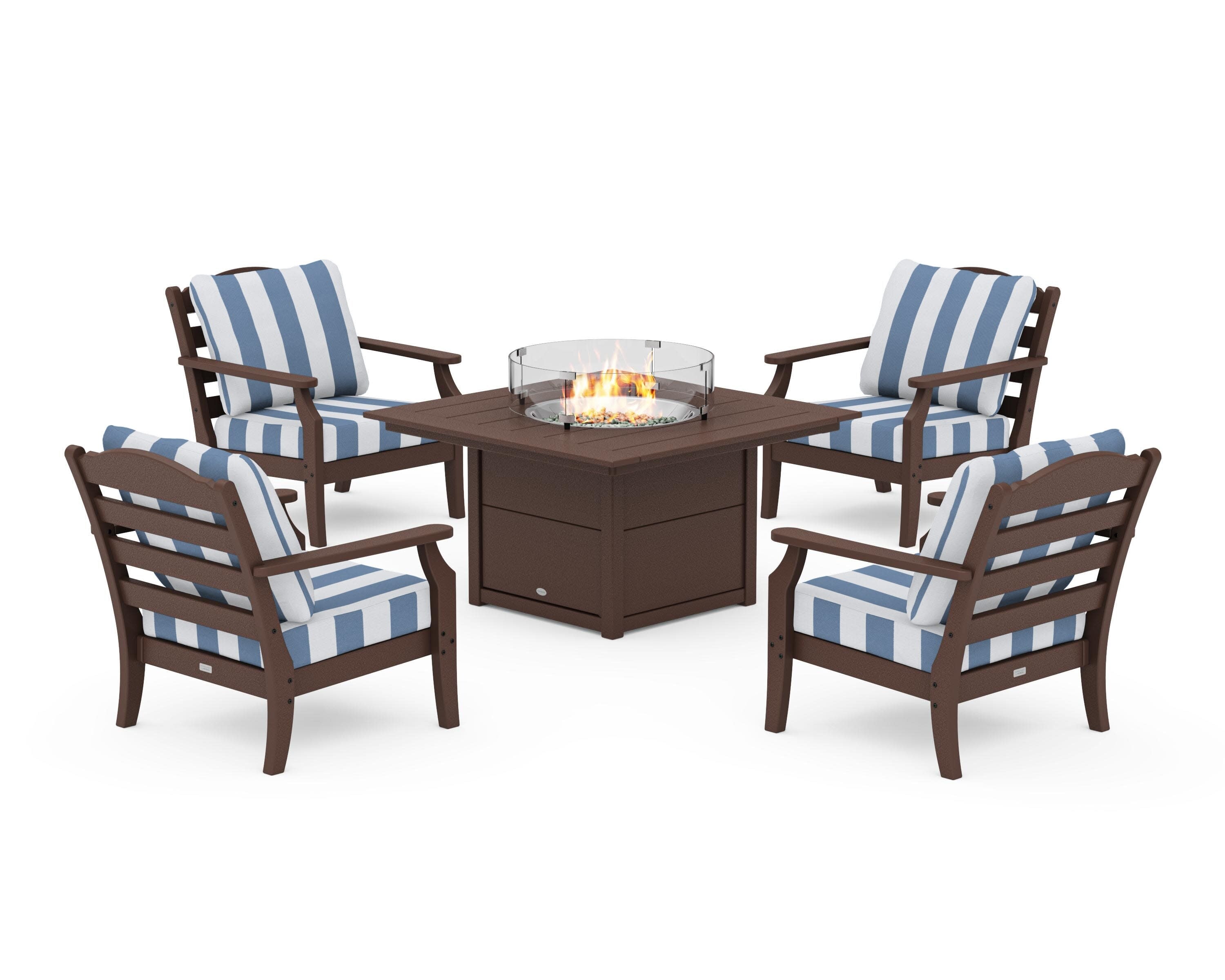 Savannah 5-Piece Deep Seating Set with Fire Pit Table in Mahogany / Cabana Stripe Sky Blue