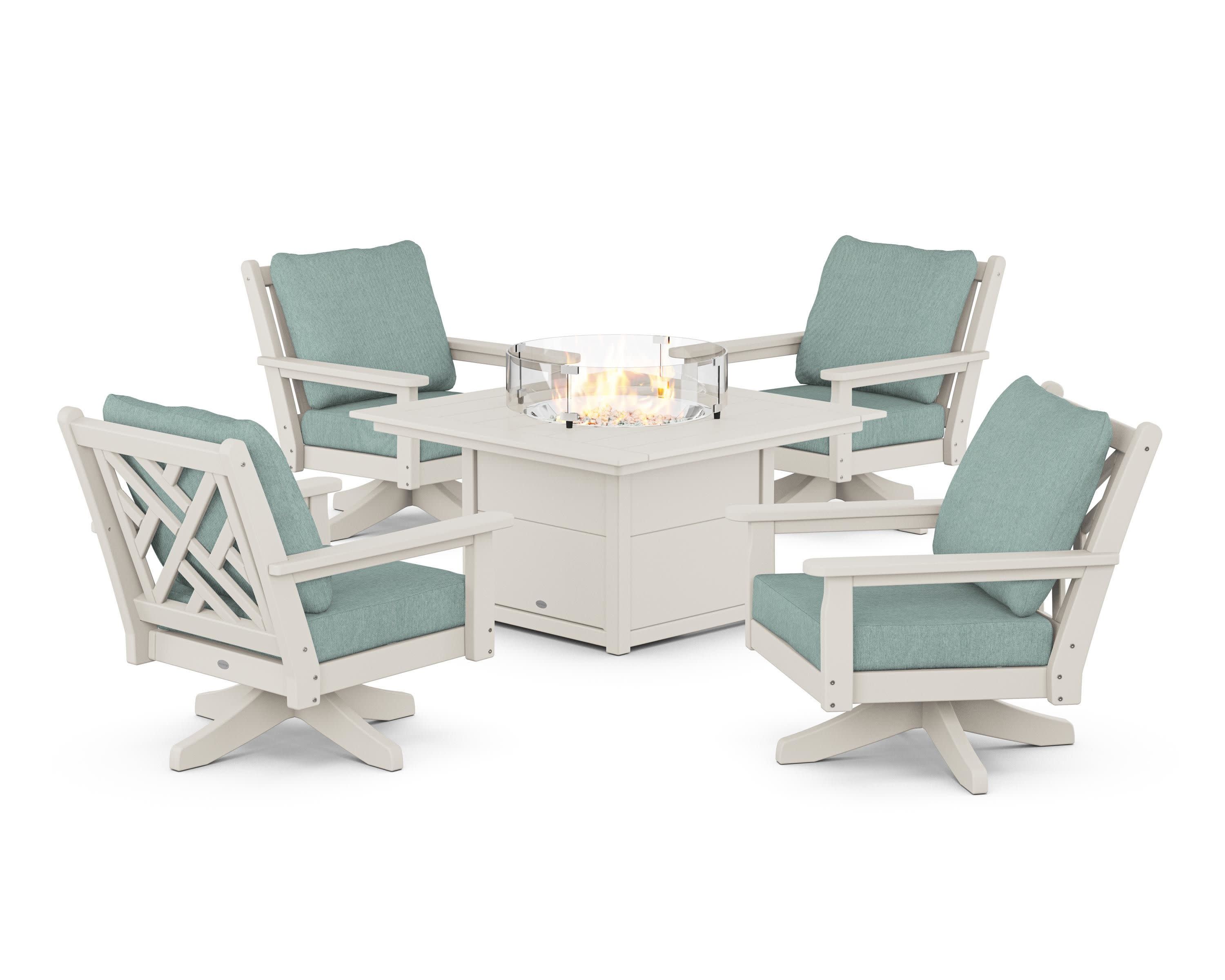 Chippendale 5-Piece Deep Seating Swivel Conversation Set with Fire Pit Table in Sand / Glacier Spa