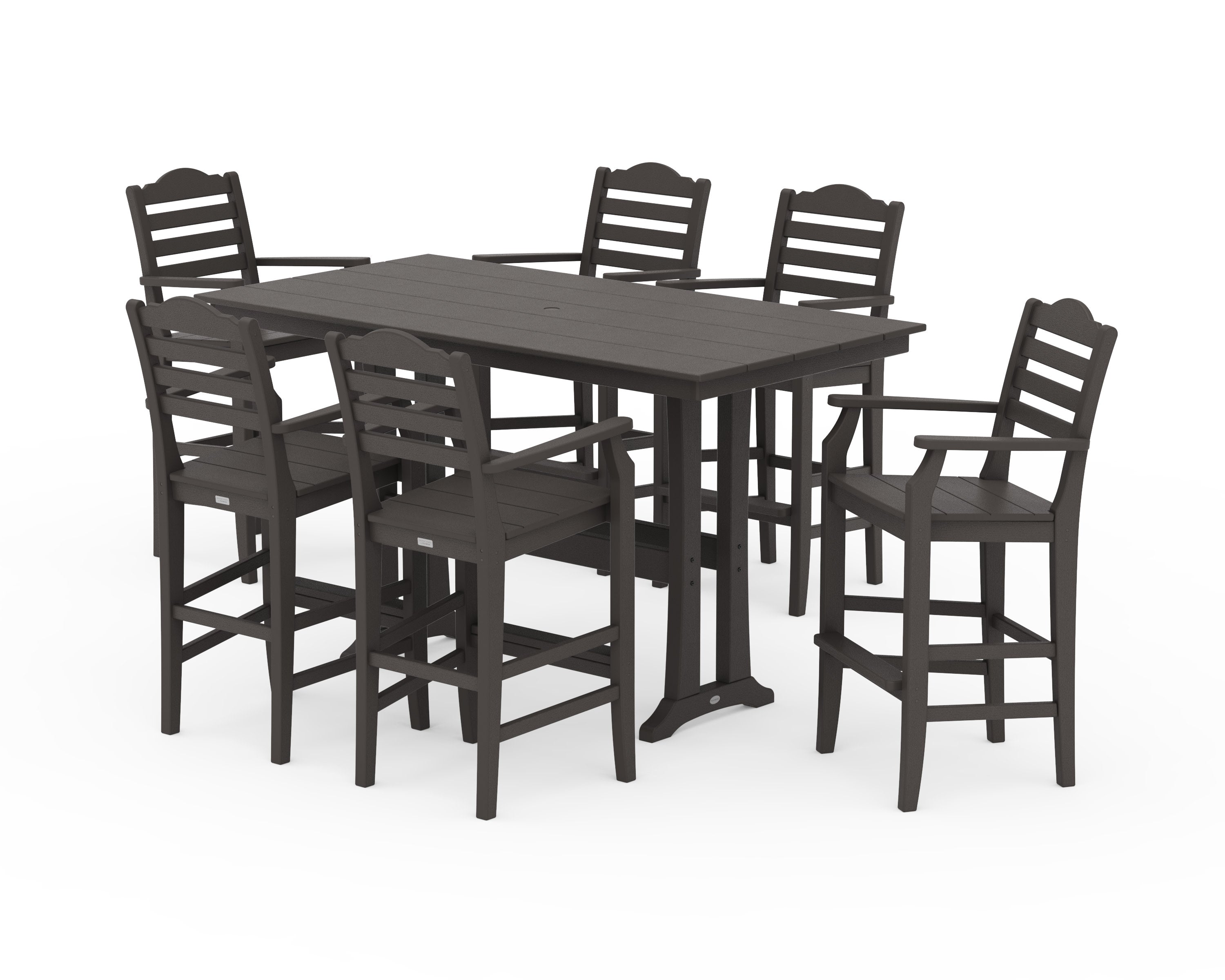 Savannah Arm Chair 7-Piece Farmhouse Bar Set with Trestle Legs in Vintage Coffee
