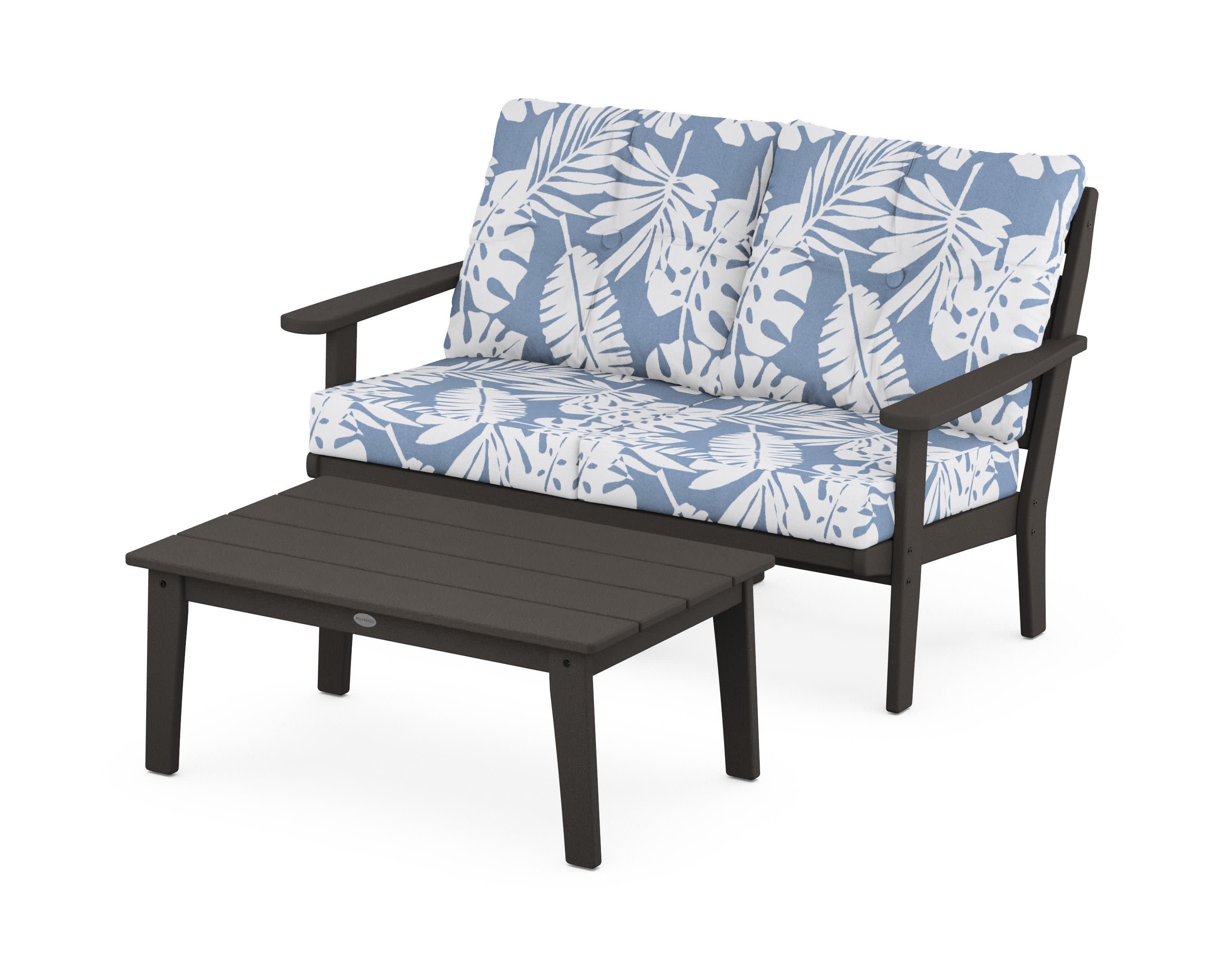Lakeside 2-Piece Lounge Loveseat Set in Vintage Coffee / Leaf Sky Blue
