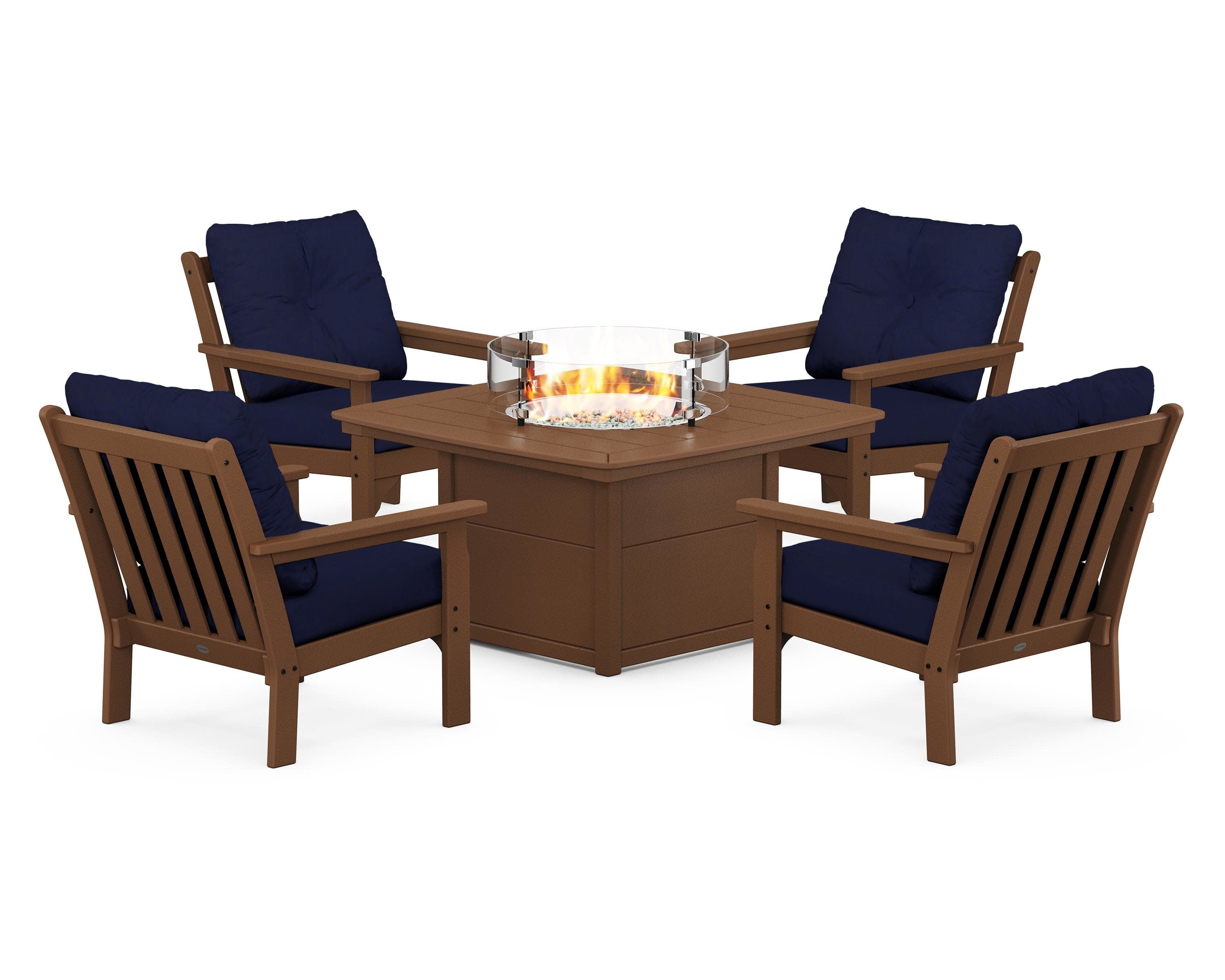 Vineyard 5-Piece Conversation Set with Fire Pit Table in Teak / Navy