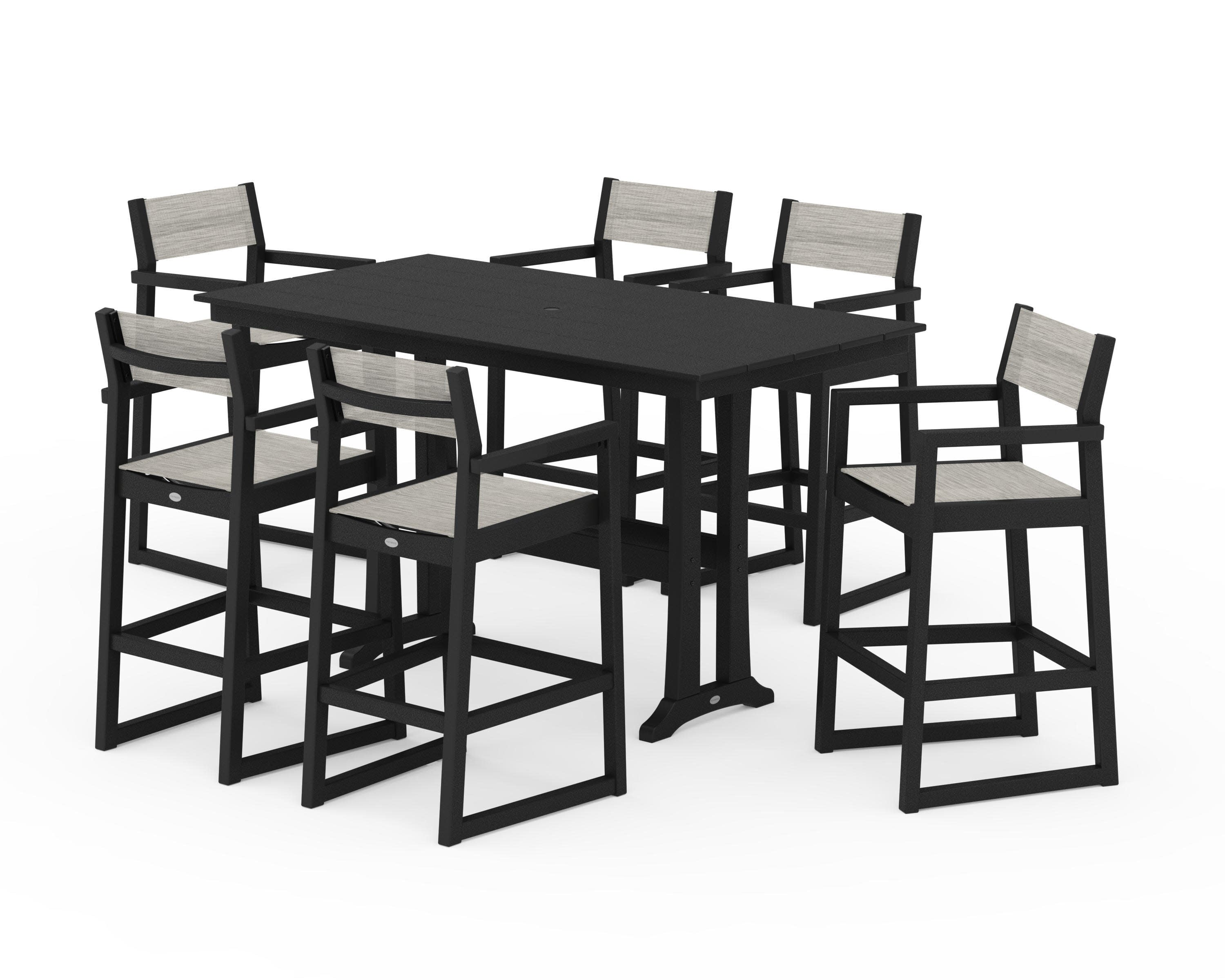 EDGE Sling Arm Chair 7-Piece Farmhouse Bar Set with Trestle Legs in Black / Birch Sling