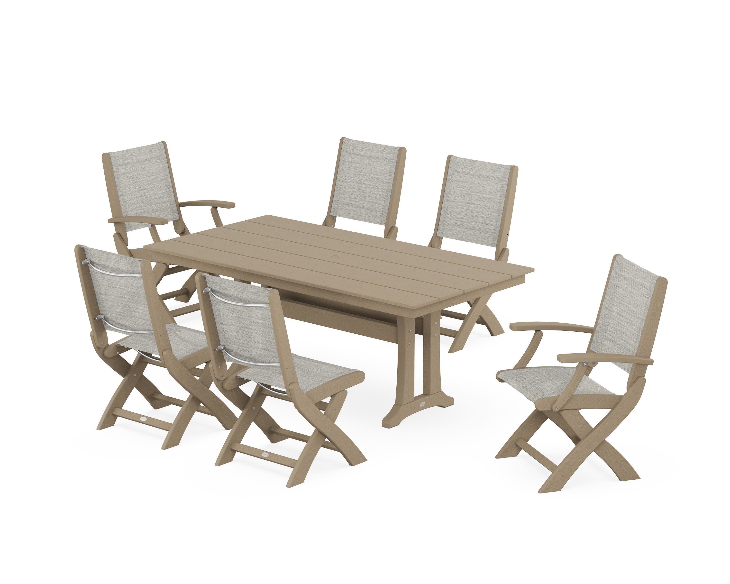 Coastal Folding Chair 7-Piece Farmhouse Dining Set with Trestle Legs in Vintage Sahara / Birch Sling