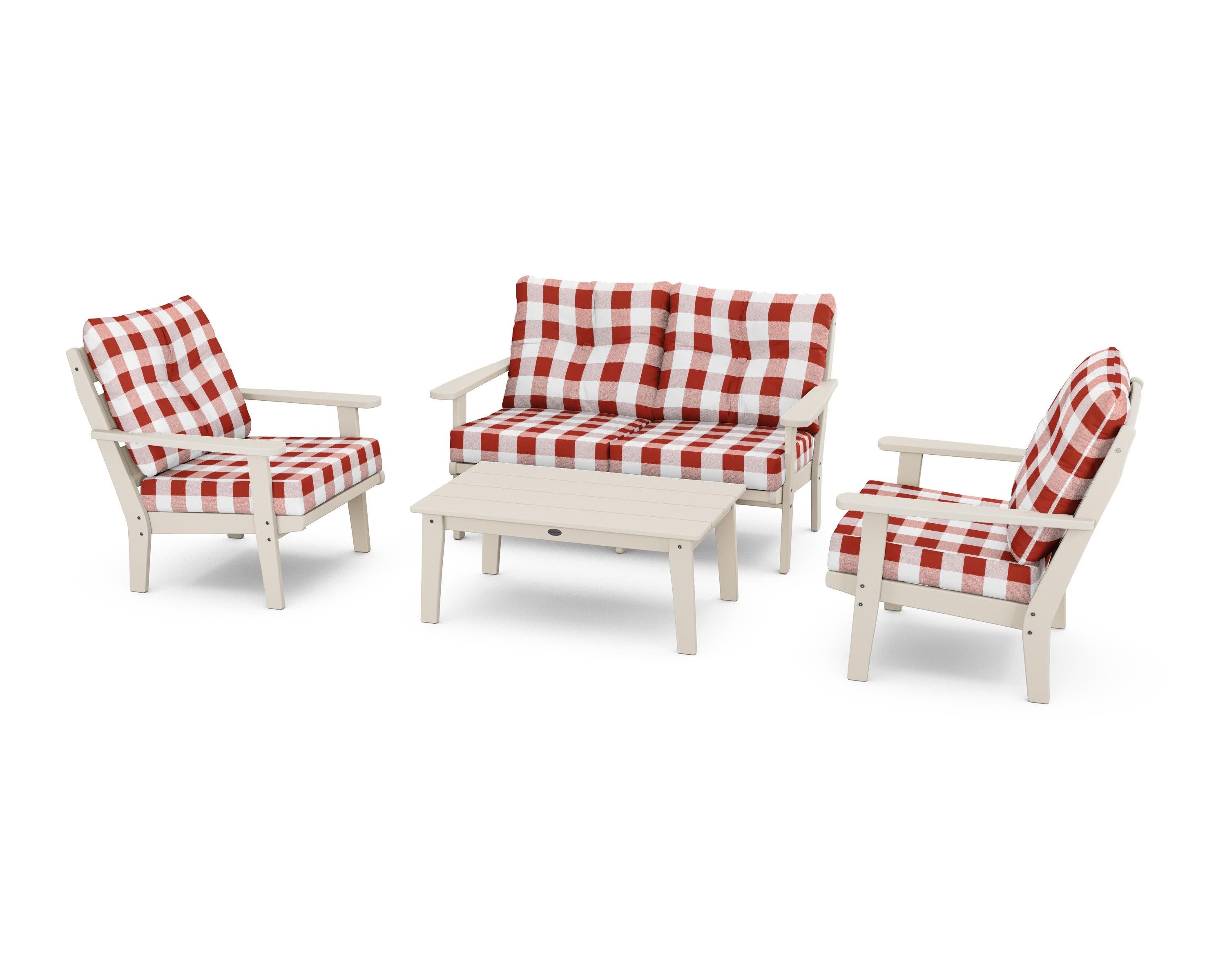 Lakeside 4-Piece Deep Seating Set in Sand / Buffalo Plaid Crimson