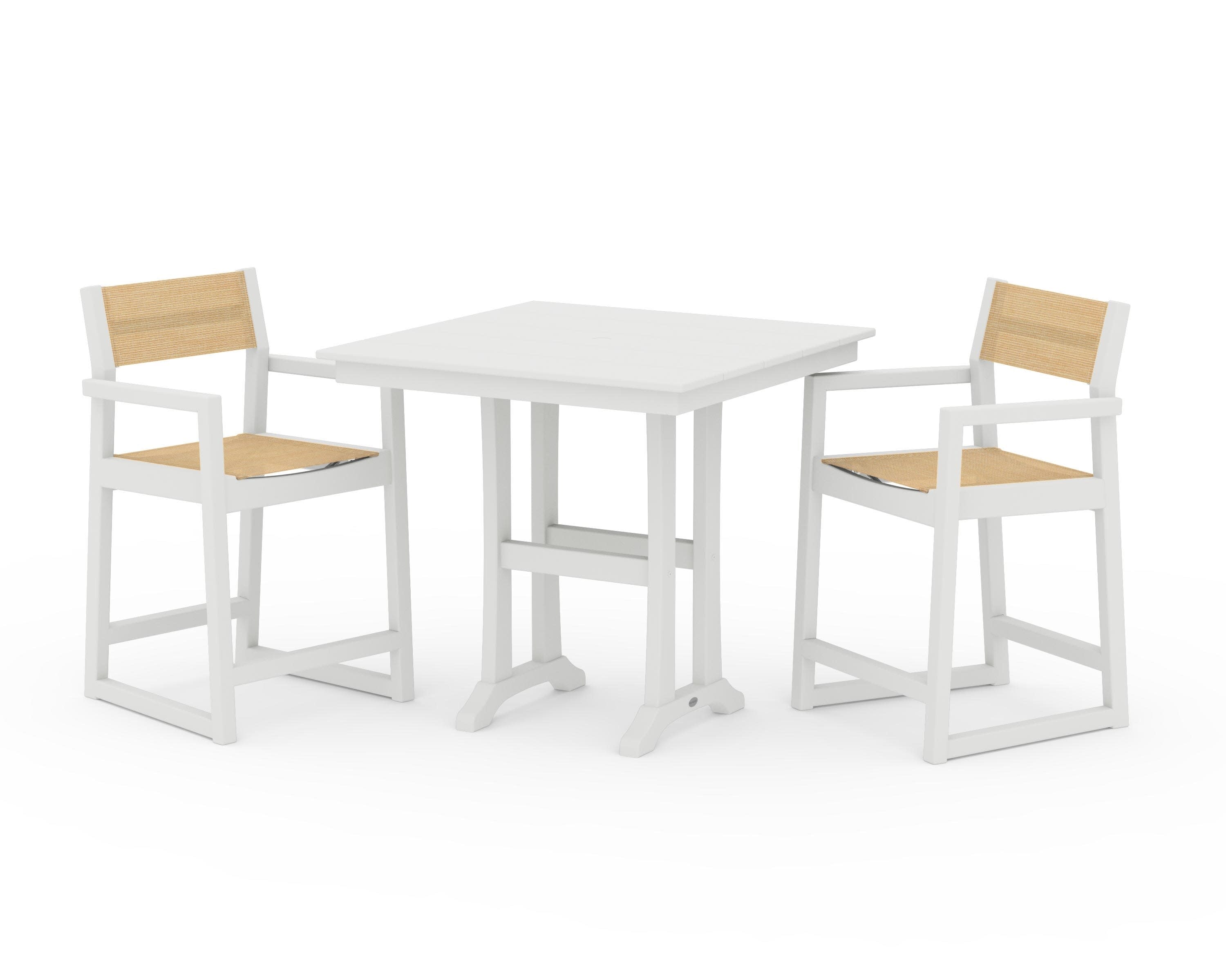 EDGE Sling Arm Chair 3-Piece Farmhouse Counter Set with Trestle Legs in Vintage White / Dupioni Apricot Sling