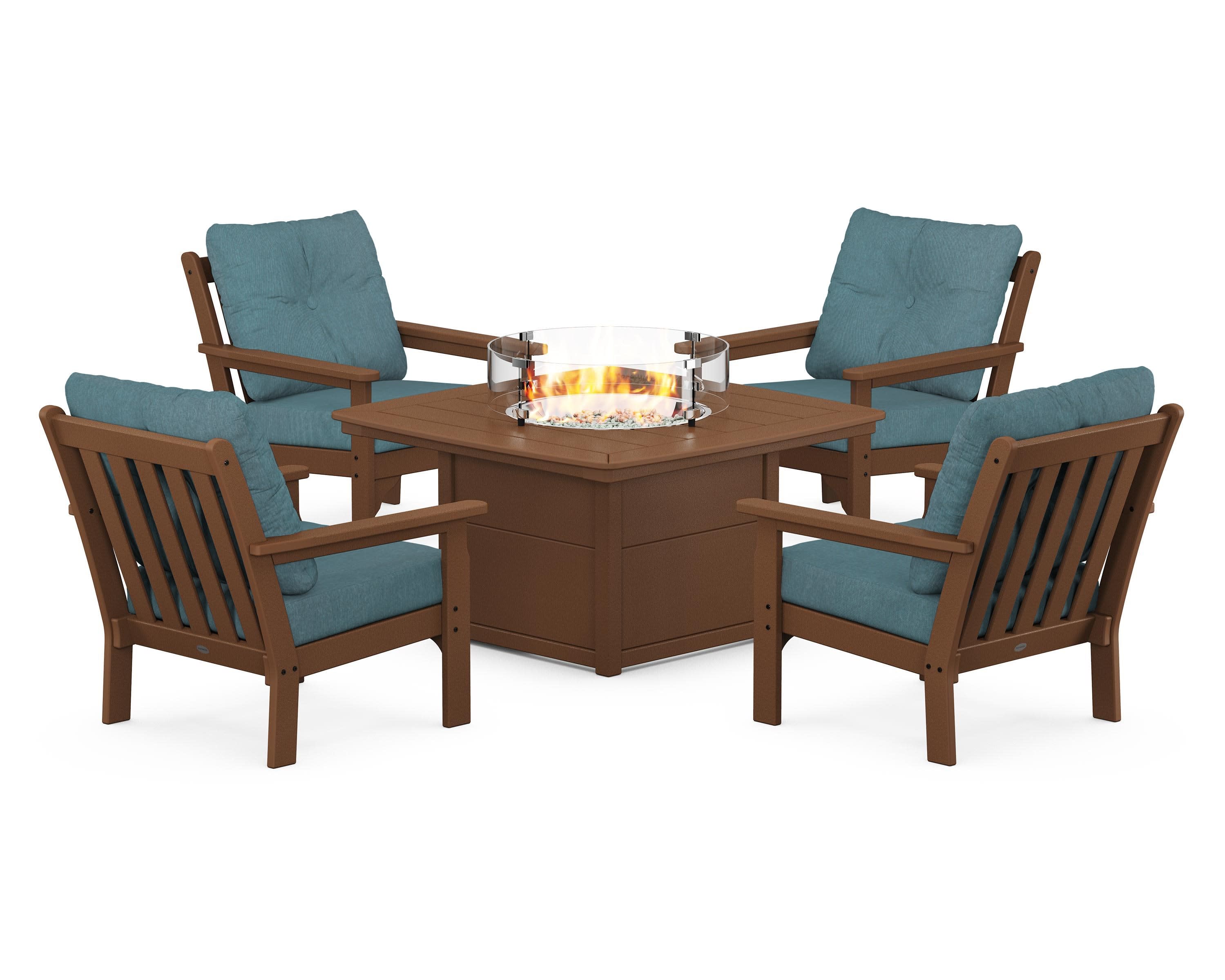 Vineyard 5-Piece Conversation Set with Fire Pit Table in Teak / Ocean Teal