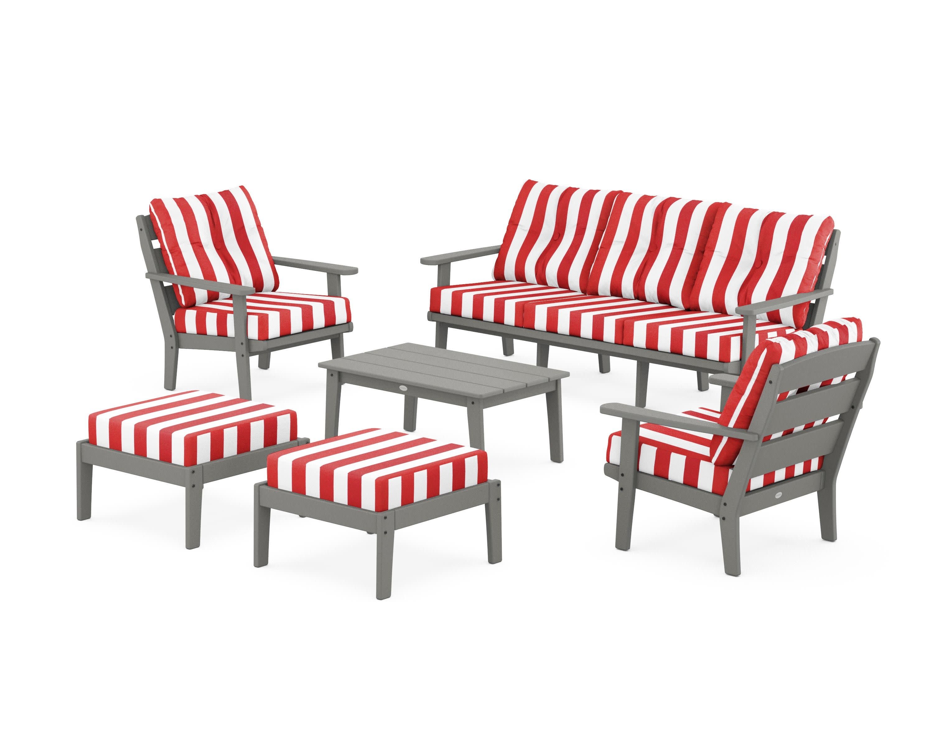 Lakeside 6-Piece Lounge Sofa Set in Slate Grey / Cabana Stripe Crimson