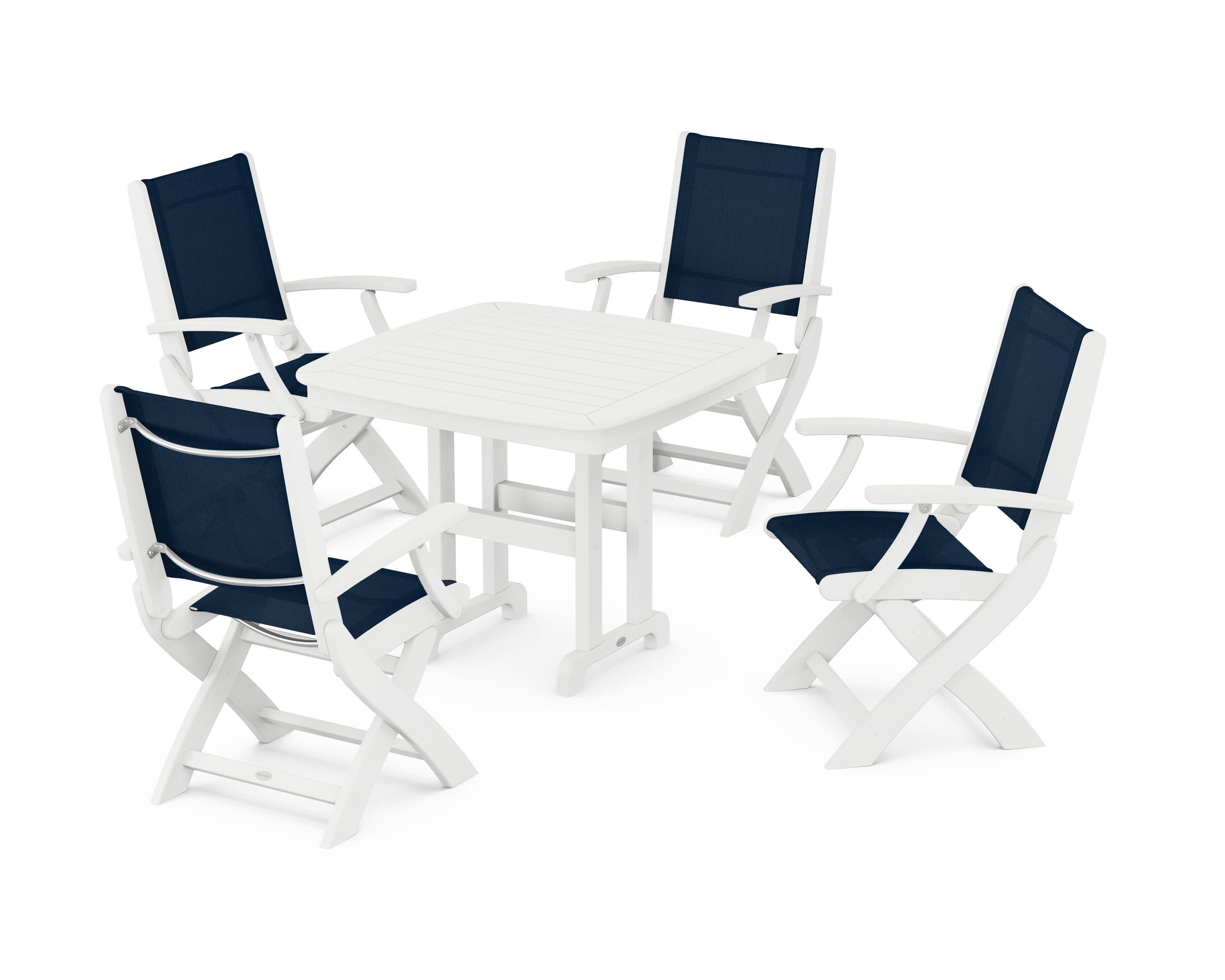 Coastal Folding Chair 5-Piece Dining Set in White / Navy Blue Sling