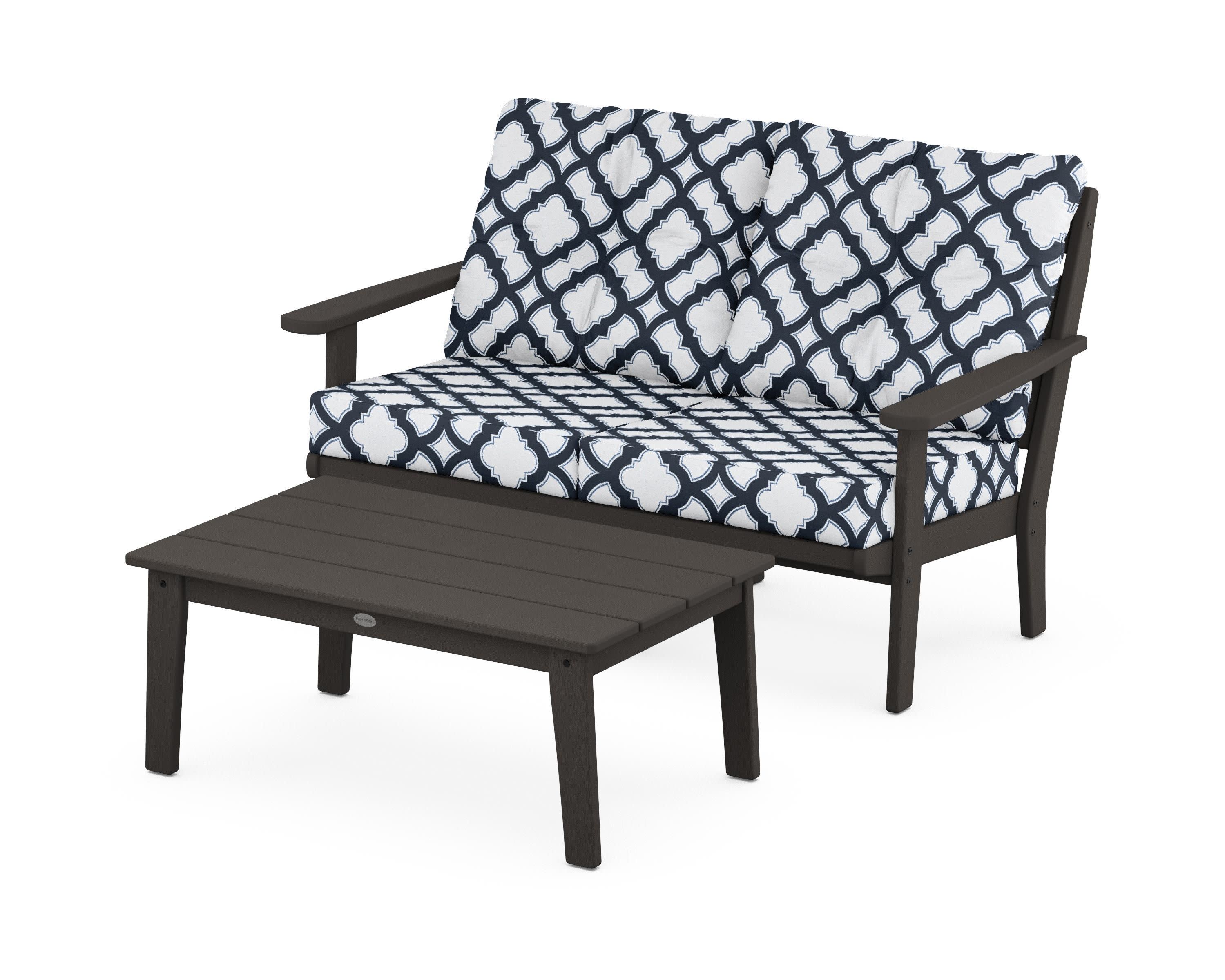 Lakeside 2-Piece Lounge Loveseat Set in Vintage Coffee / Trellis Marine Indigo