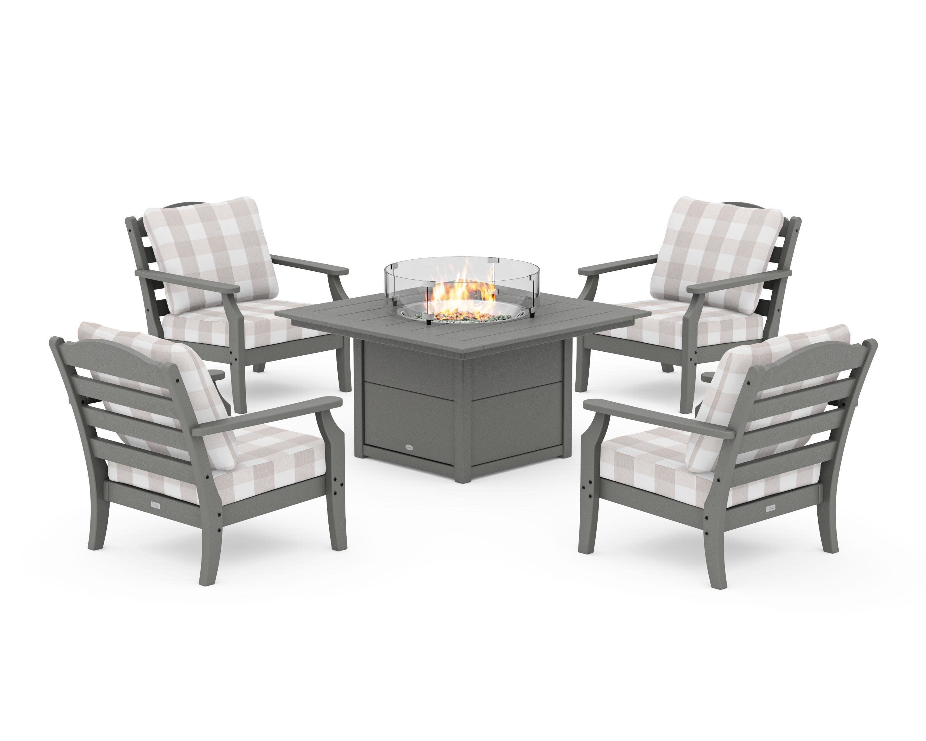 Savannah 5-Piece Deep Seating Set with Fire Pit Table in Slate Grey / Buffalo Plaid Dune Burlap