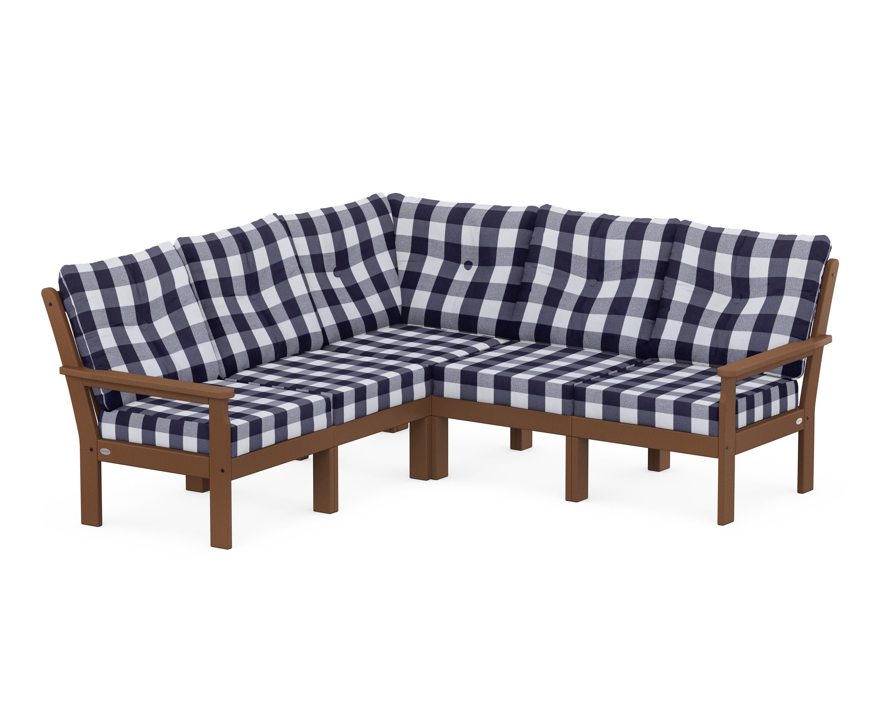 Vineyard 5-Piece Sectional in Teak / Buffalo Plaid Navy