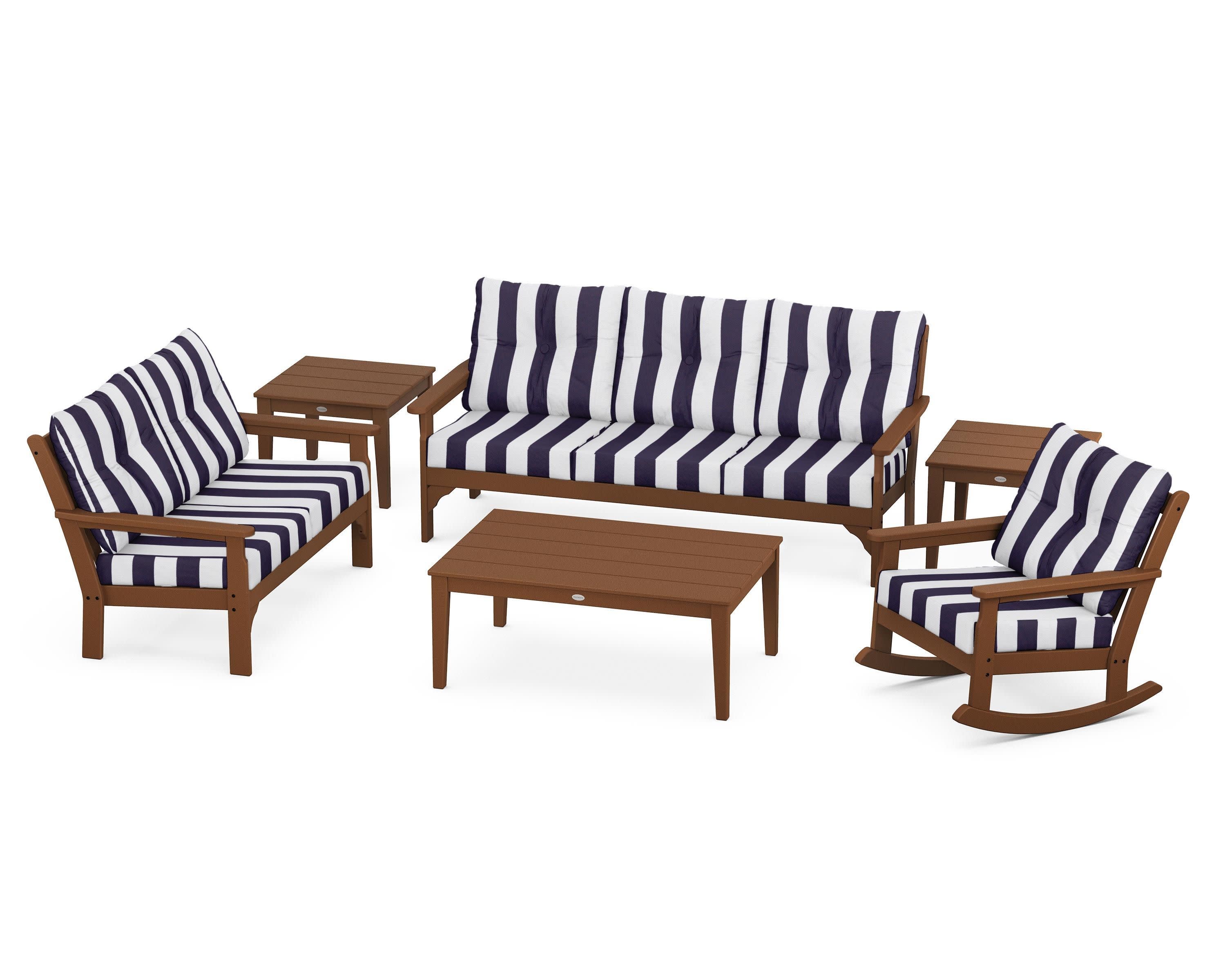 Vineyard 6-Piece Deep Seating Set in Teak / Cabana Stripe Navy