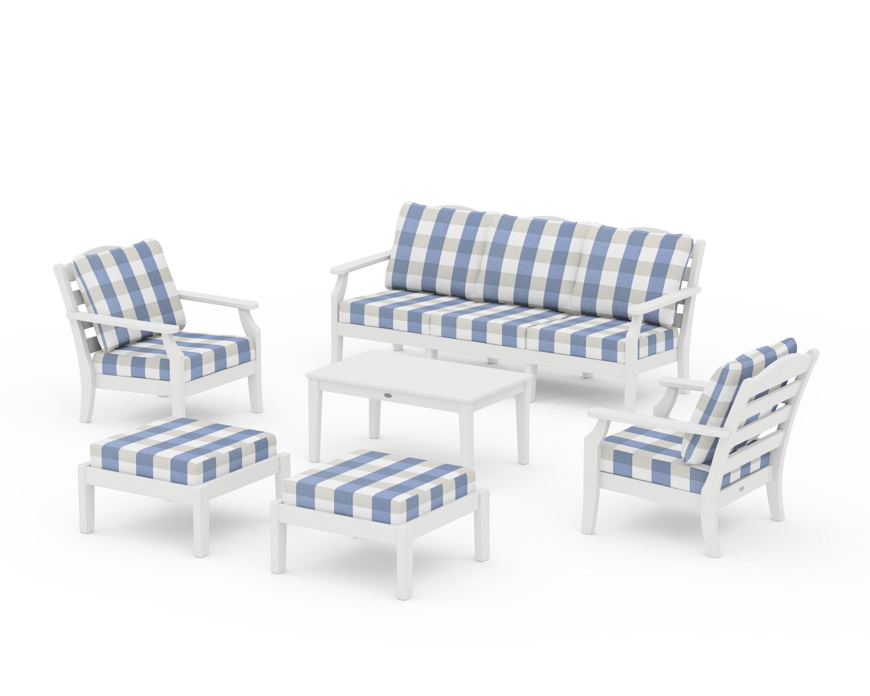 Savannah 6-Piece Lounge Sofa Set in Vintage White / Buffalo Plaid Sky Blue