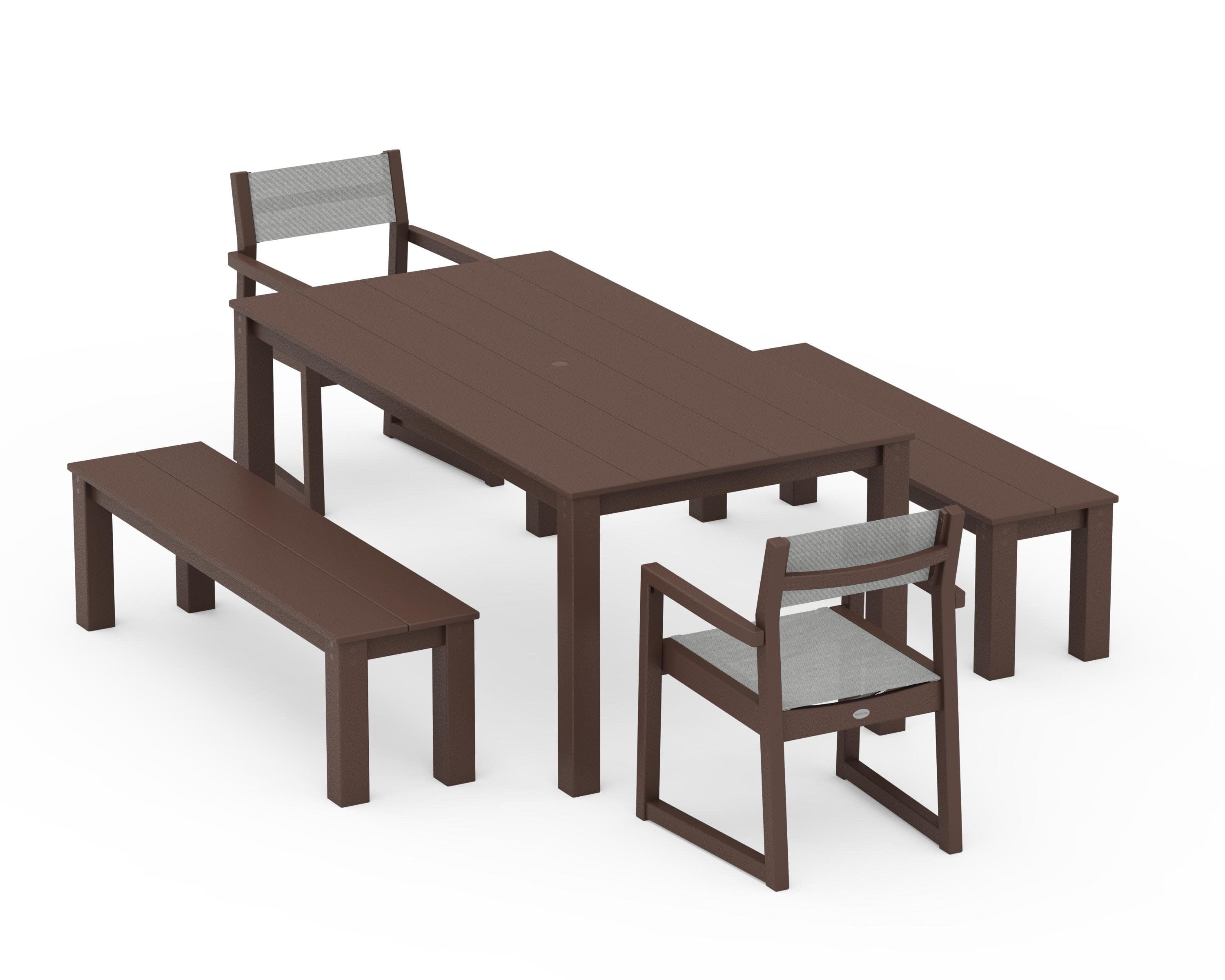 EDGE Sling Arm Chair 5-Piece Parsons Dining Set with Benches in Mahogany / Metallic Sling