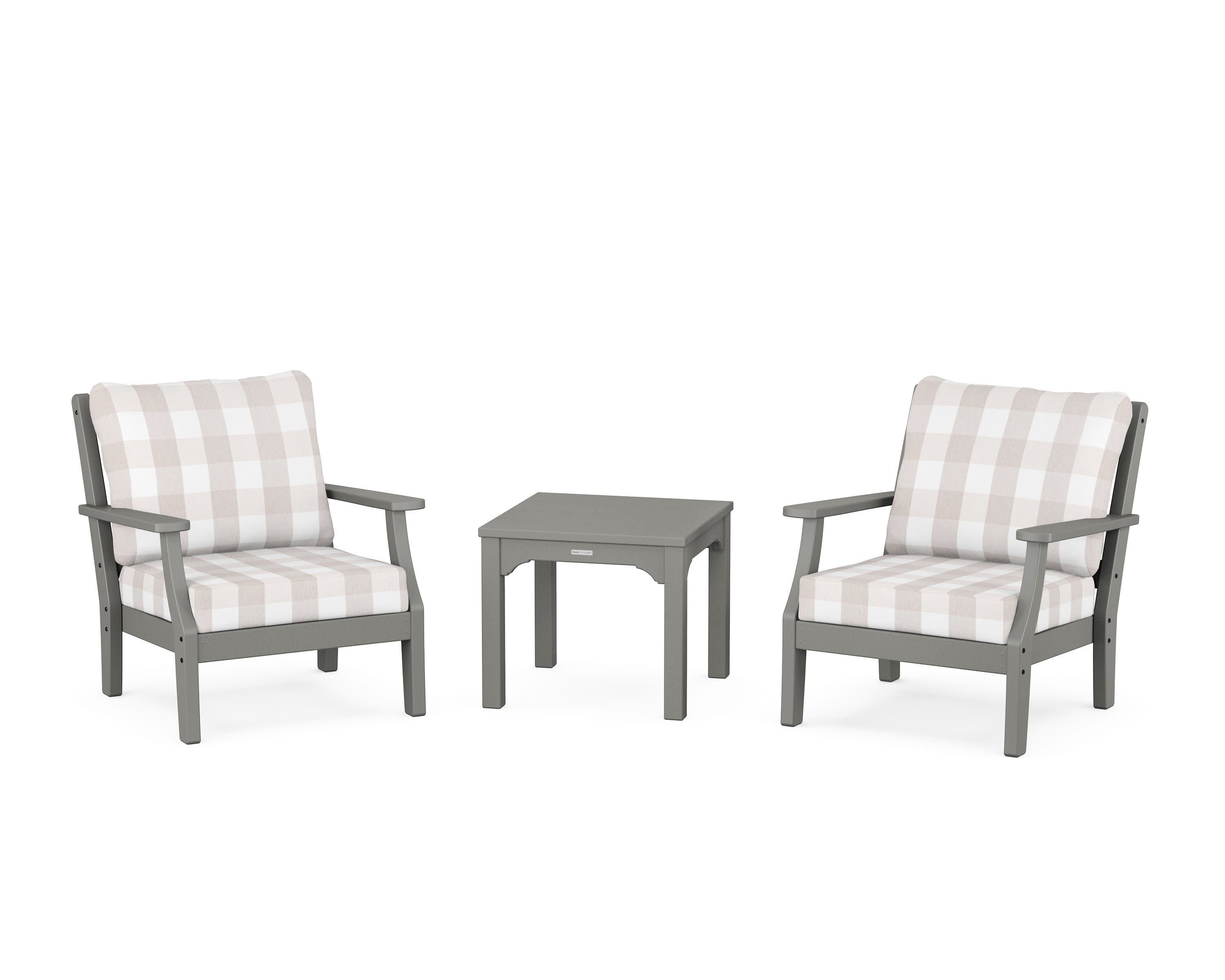 Chinoiserie 3-Piece Deep Seating Set in Slate Grey / Buffalo Plaid Dune Burlap