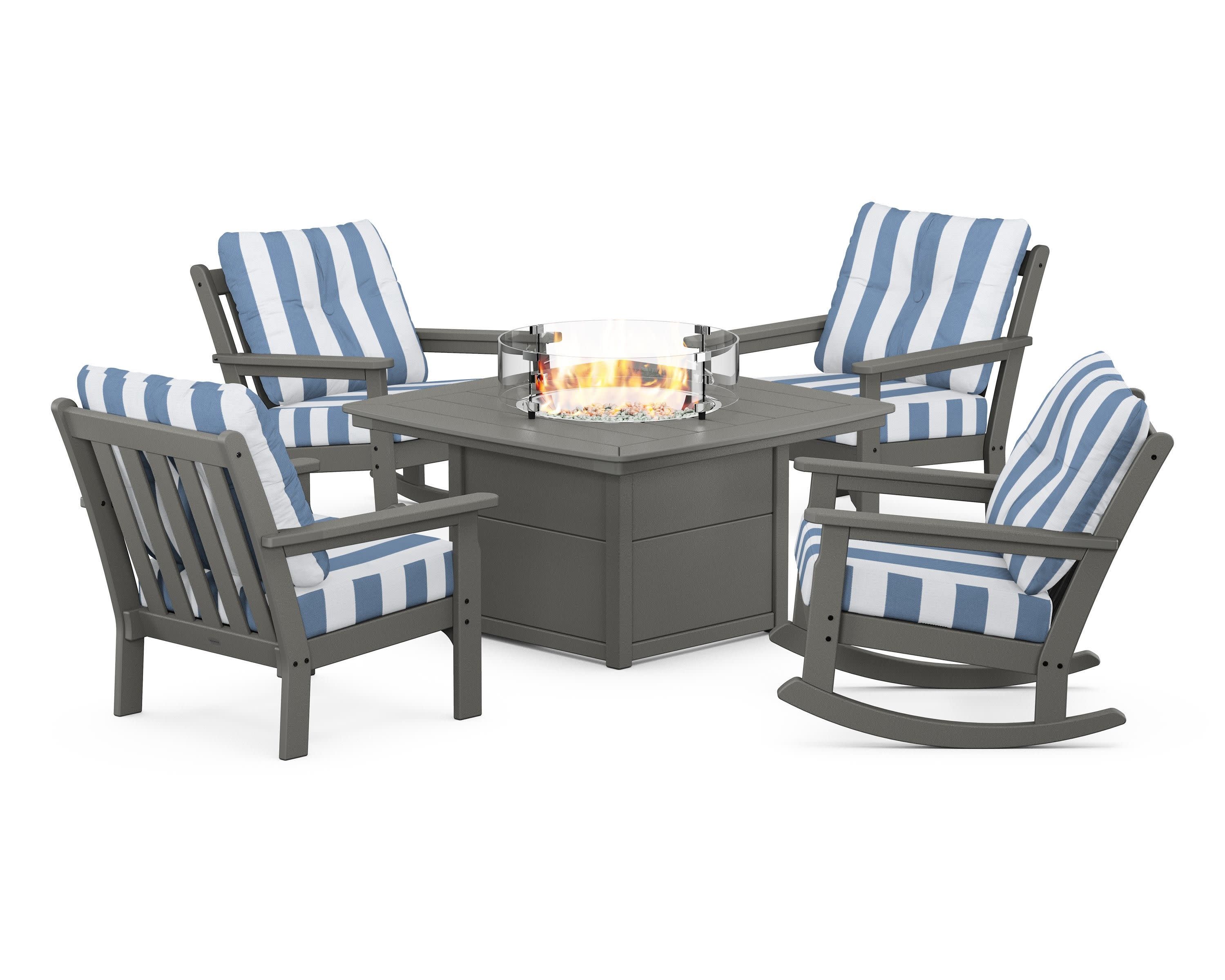 Vineyard 5-Piece Deep Seating Rocking Chair Conversation Set with Fire Pit Table in Slate Grey / Cabana Stripe Sky Blue