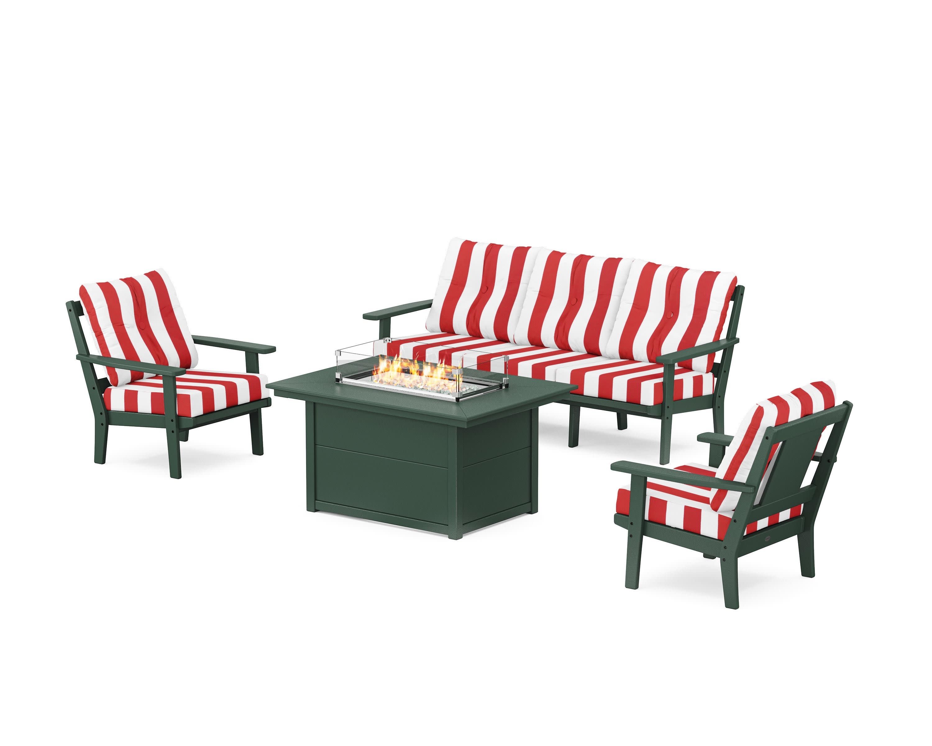 Prairie Deep Seating Fire Pit Table Set in Green / Cabana Stripe Crimson