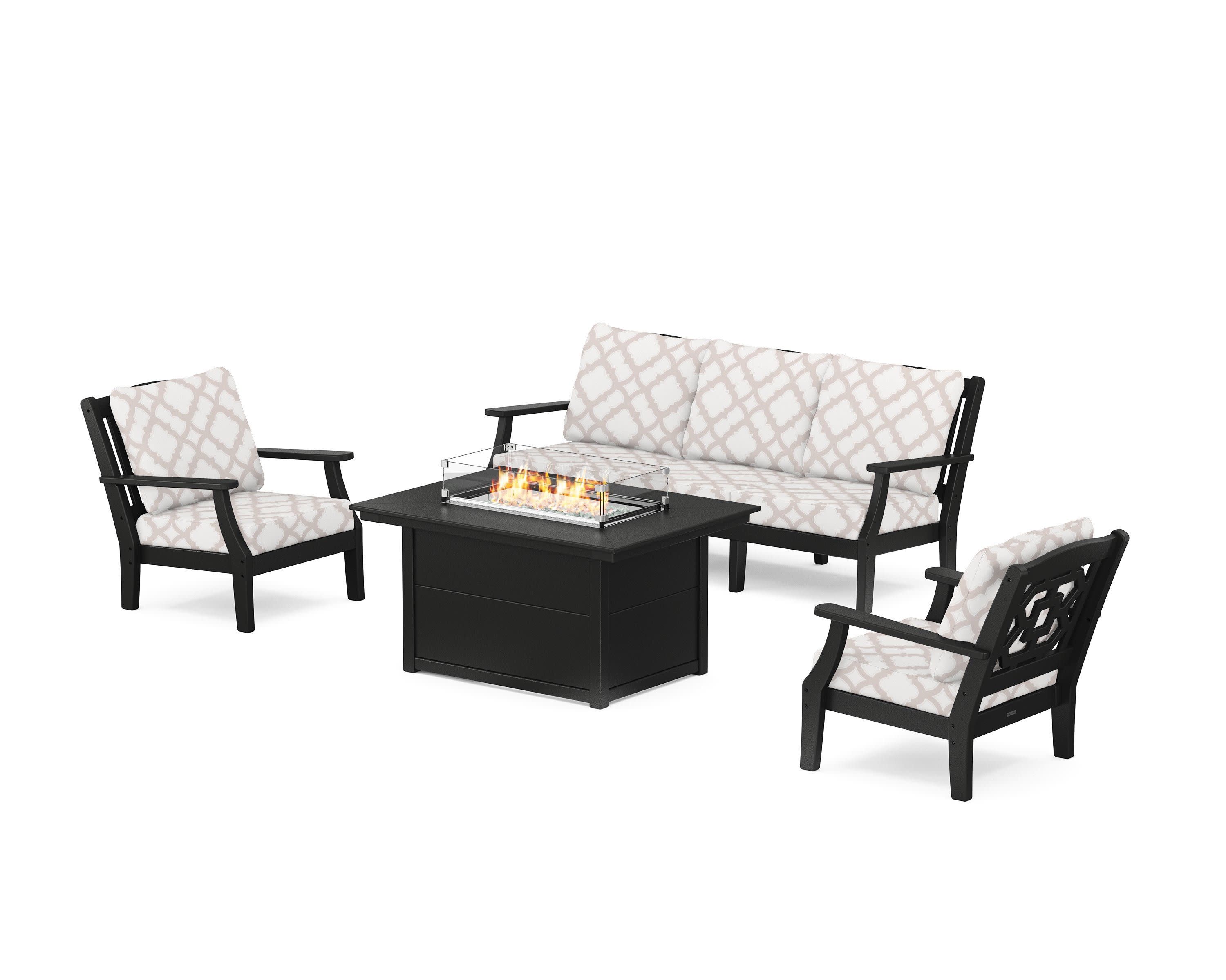 Chinoiserie Deep Seating Fire Pit Table Set in Black / Trellis Dune Burlap