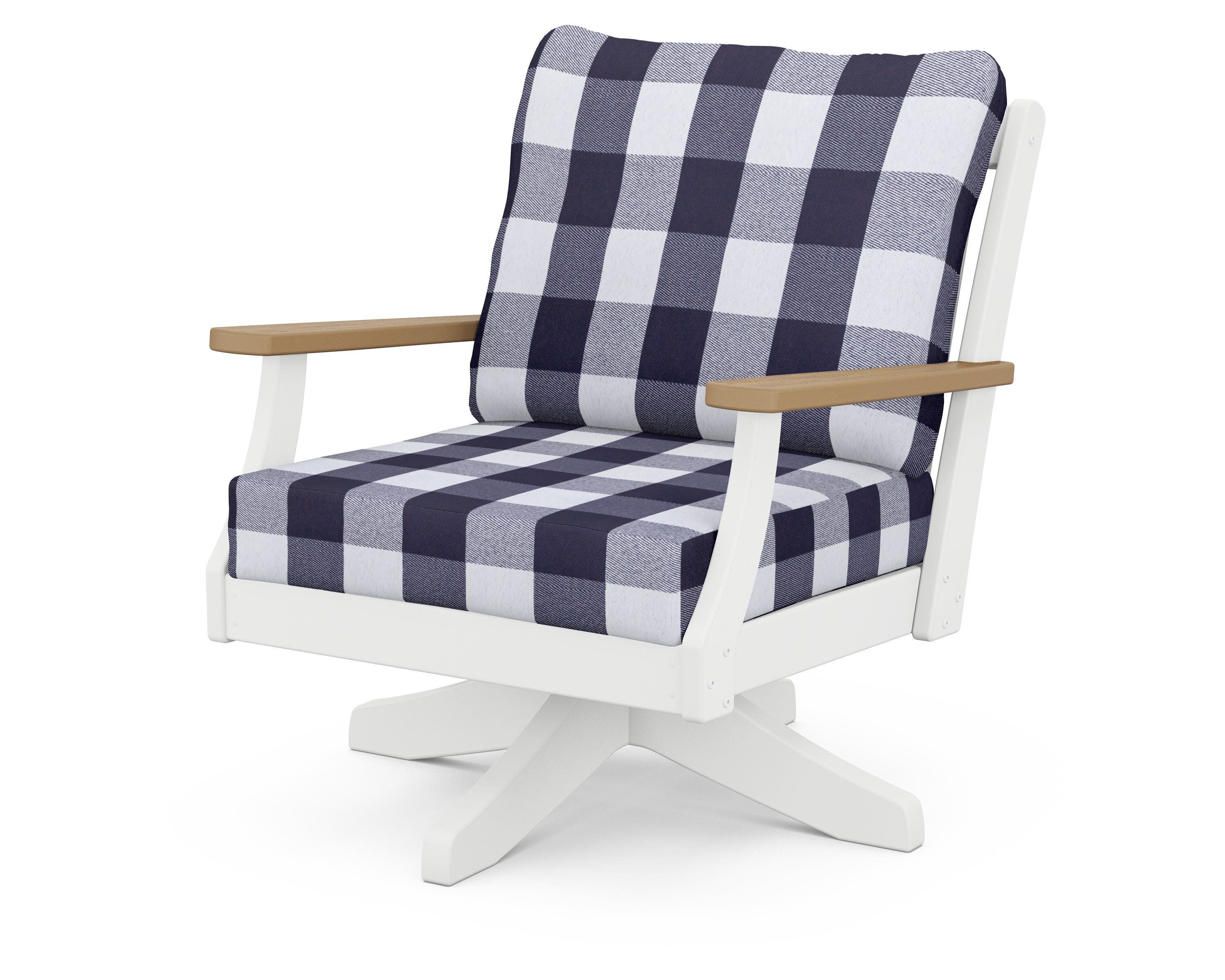 Braxton Deep Seating Swivel Chair in White / Natural / Buffalo Plaid Navy