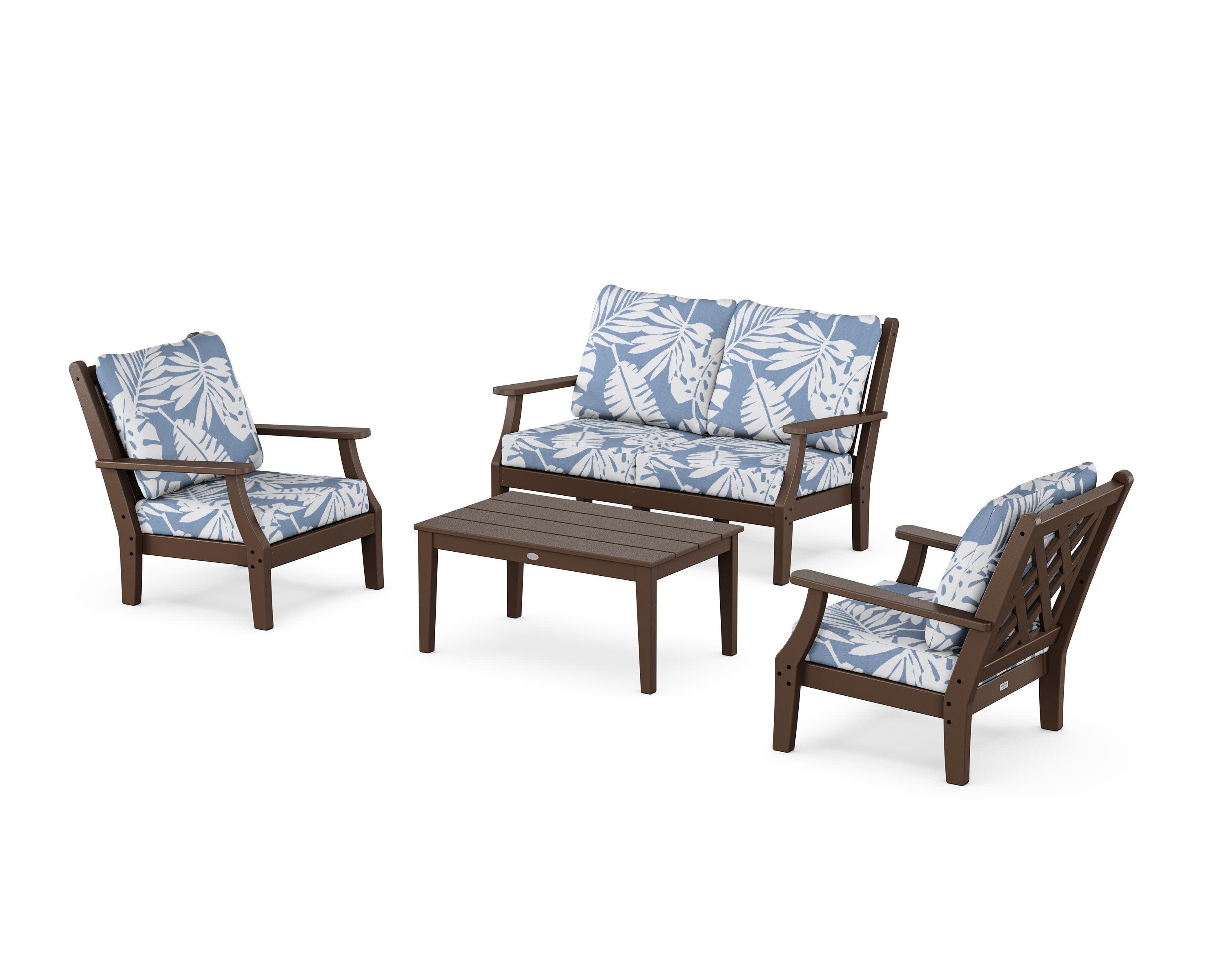 Wovendale 4-Piece Deep Seating Set with Loveseat in Mahogany / Leaf Sky Blue