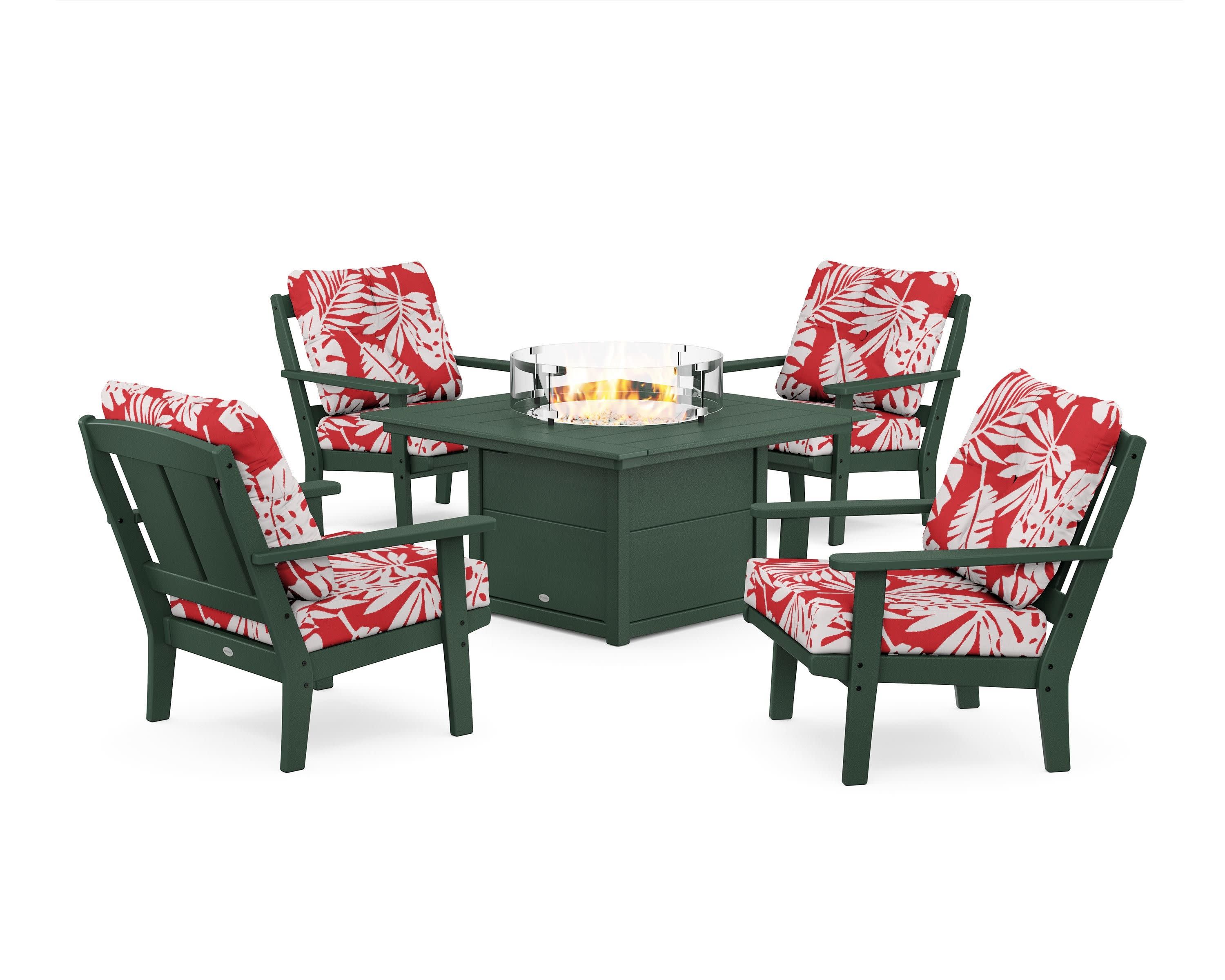 Mission 5-Piece Deep Seating Set with Fire Pit Table in Green / Leaf Crimson