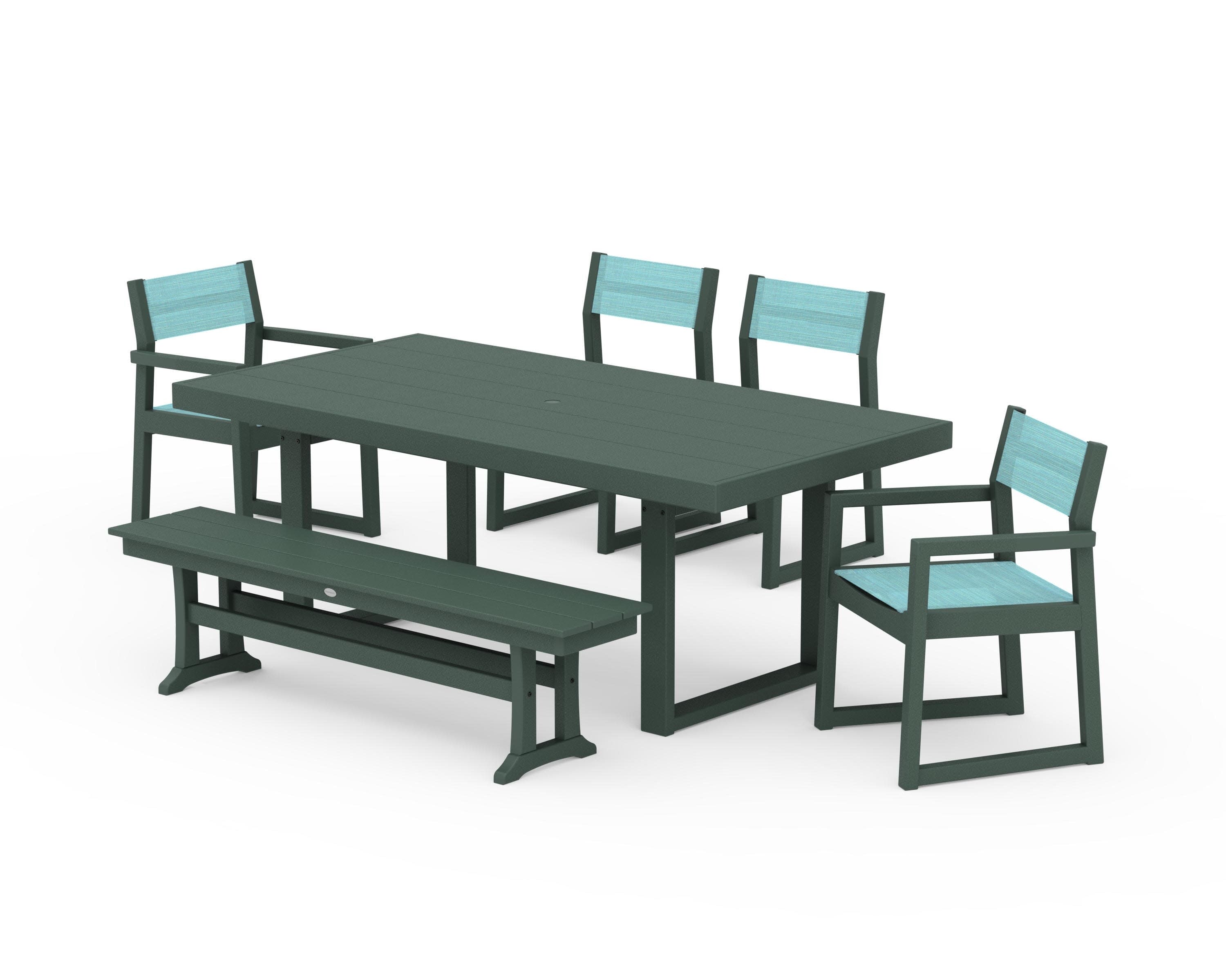EDGE Sling 6-Piece Dining Set with Bench in Green / Dupioni Aquamarine Sling