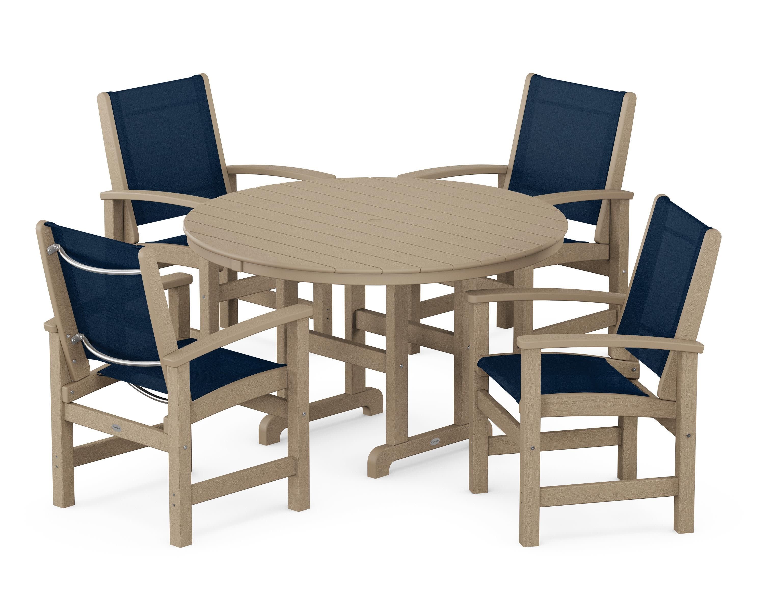 Coastal 5-Piece Round Farmhouse Dining Set in Vintage Sahara / Navy Blue Sling