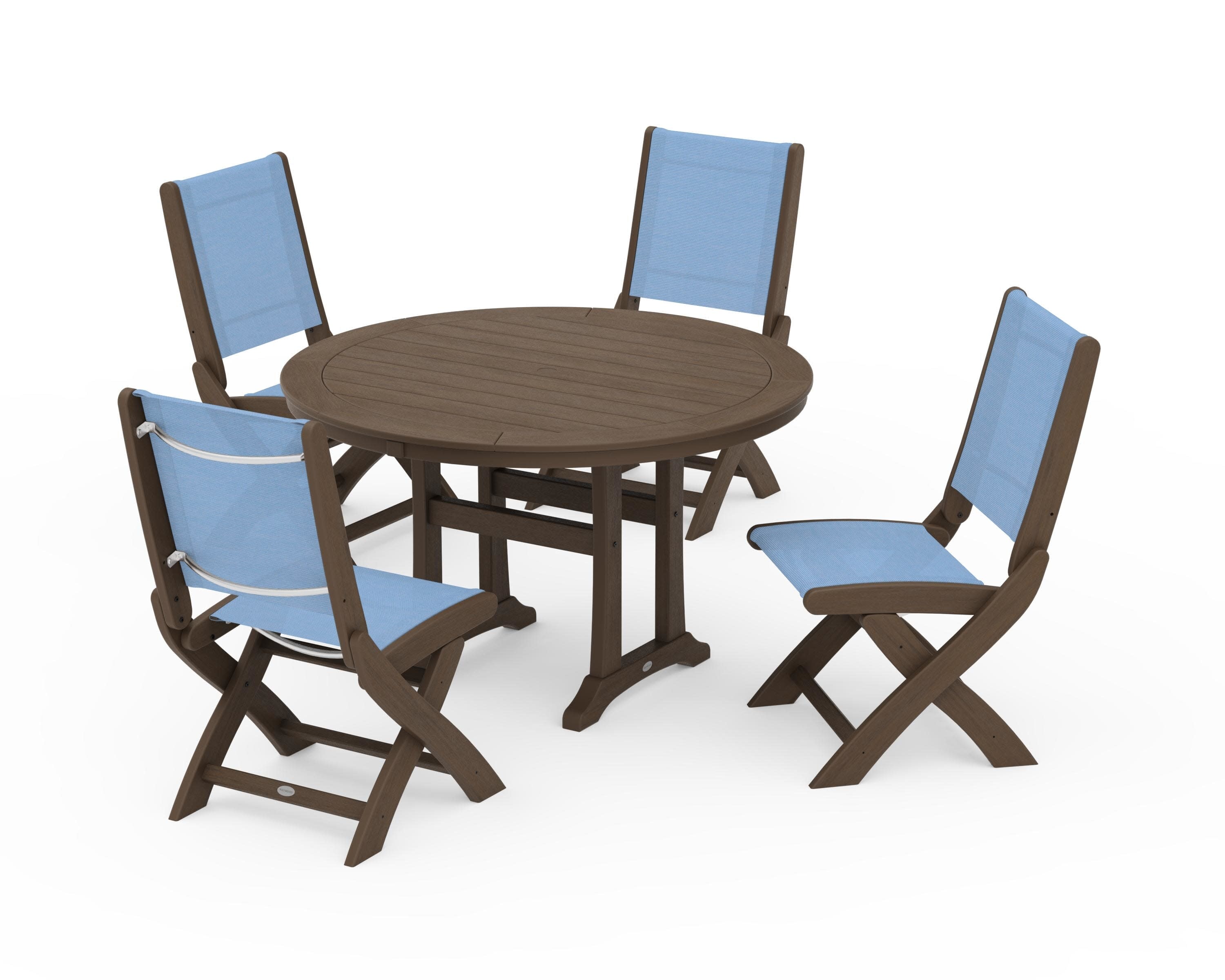 Coastal Folding Side Chair 5-Piece Round Dining Set With Trestle Legs in Kona / Poolside Sling