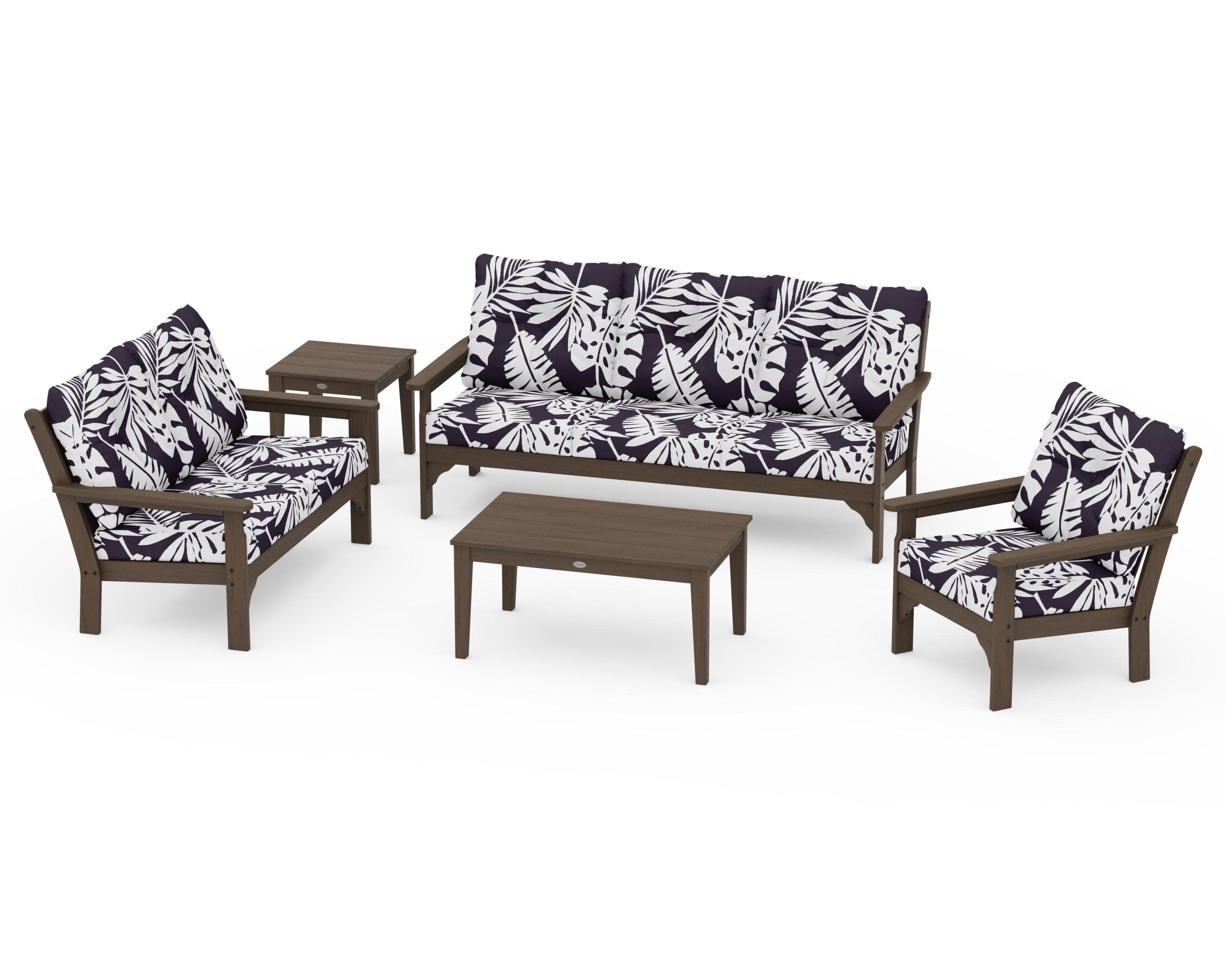 Vineyard 5 Piece Deep Seating Set in Kona / Leaf Navy