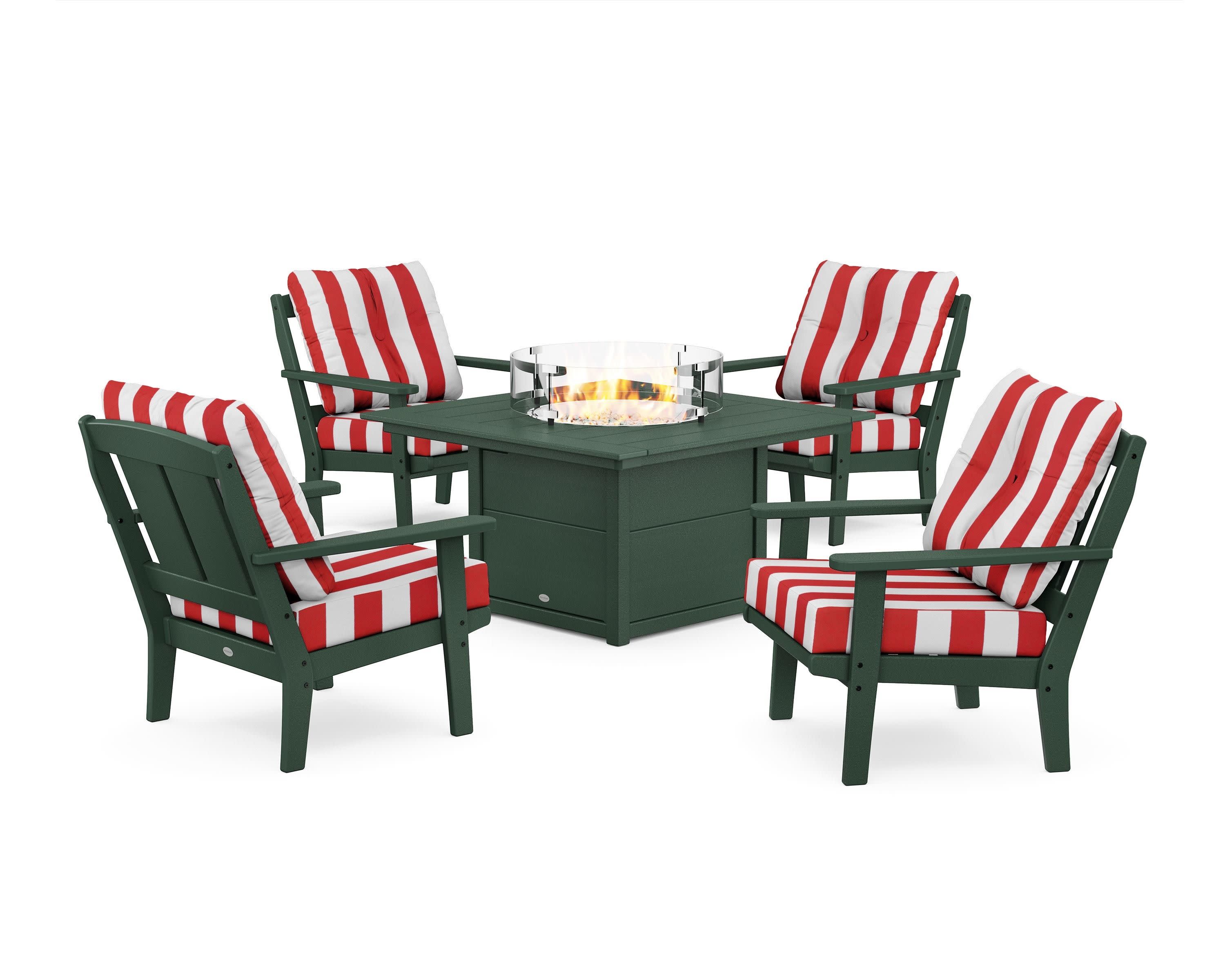 Mission 5-Piece Deep Seating Set with Fire Pit Table in Green / Cabana Stripe Crimson