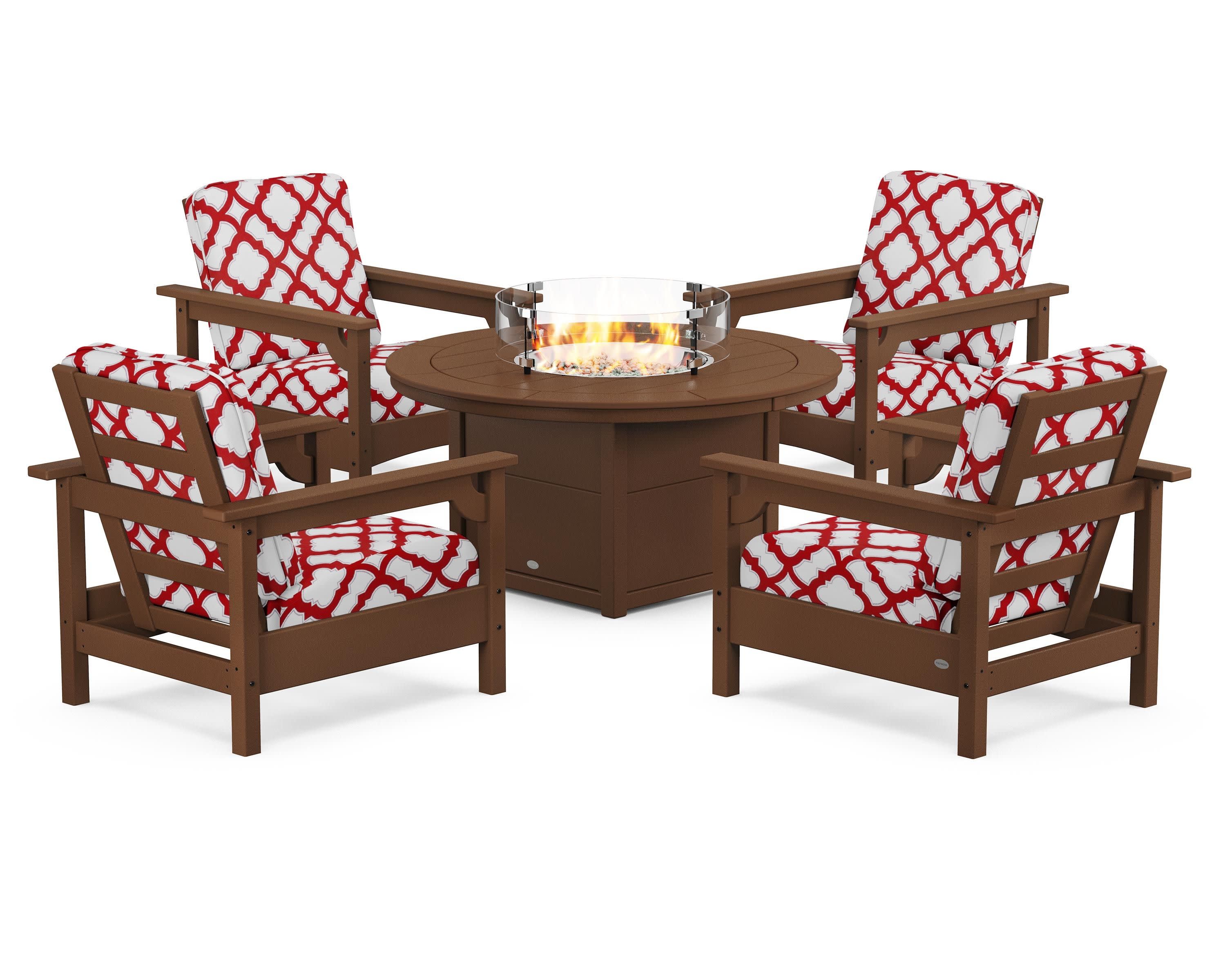 Club 5-Piece Conversation Set with Fire Pit Table in Teak / Trellis Crimson