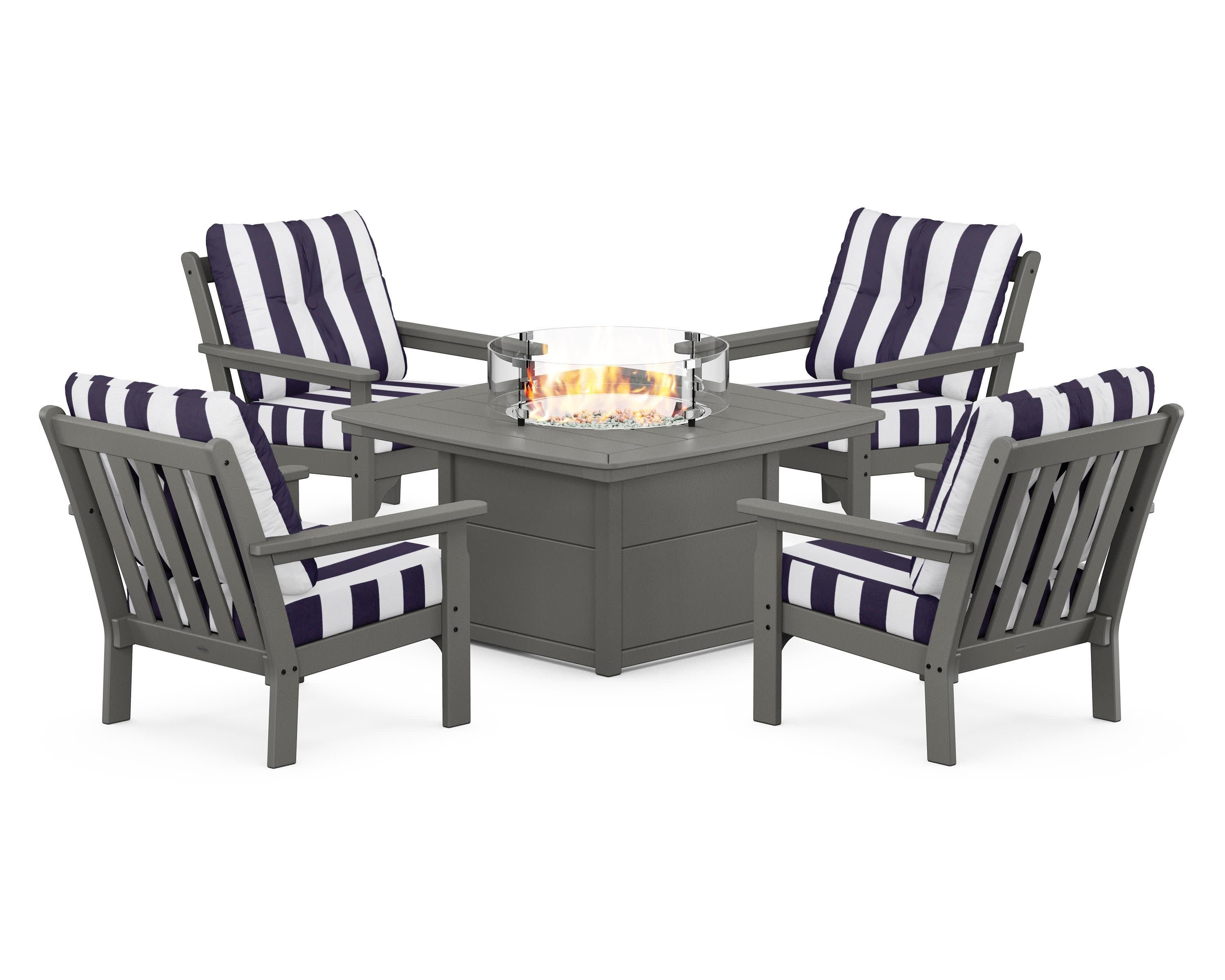 Vineyard 5-Piece Conversation Set with Fire Pit Table in Slate Grey / Cabana Stripe Navy