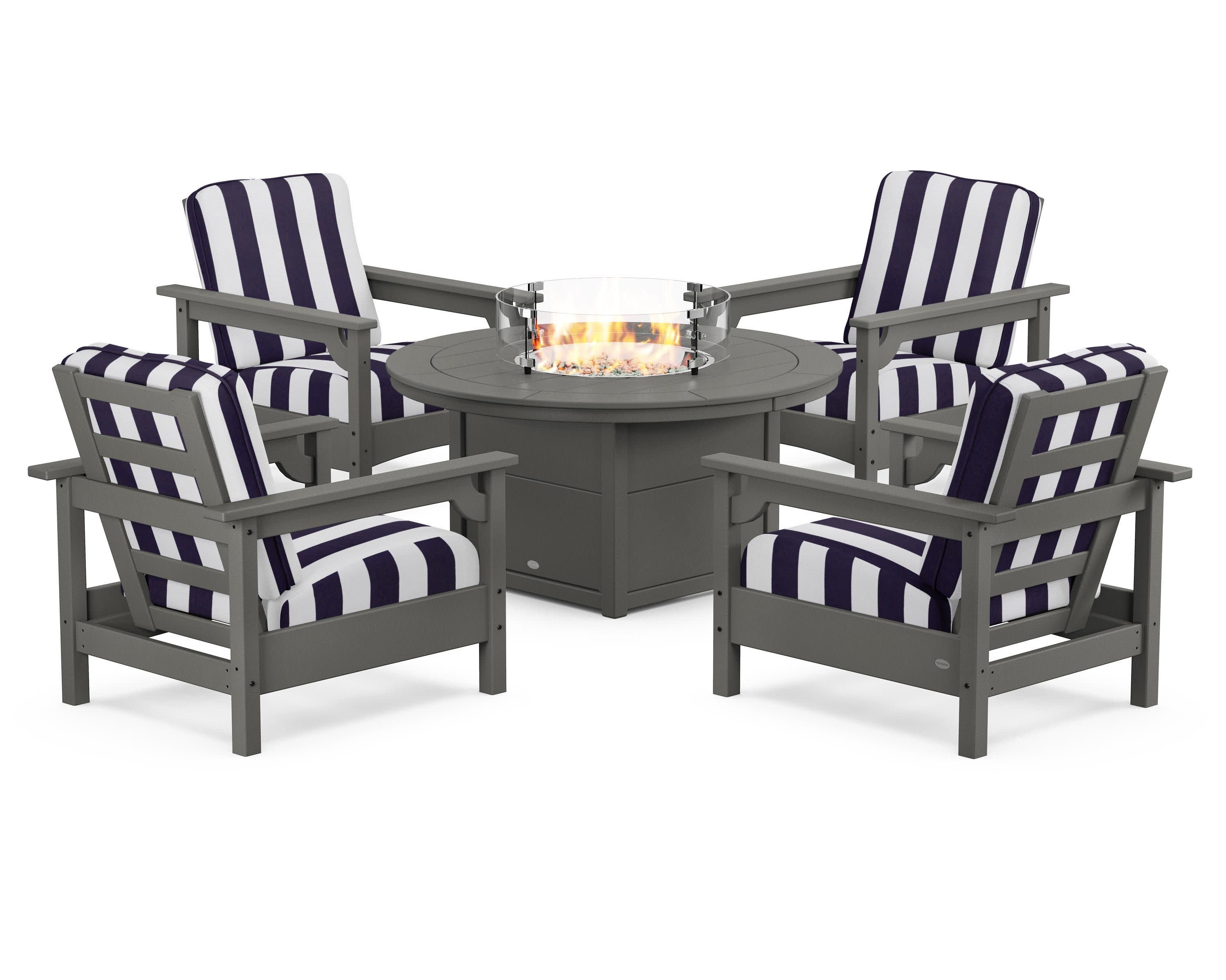 Club 5-Piece Conversation Set with Fire Pit Table in Slate Grey / Cabana Stripe Navy