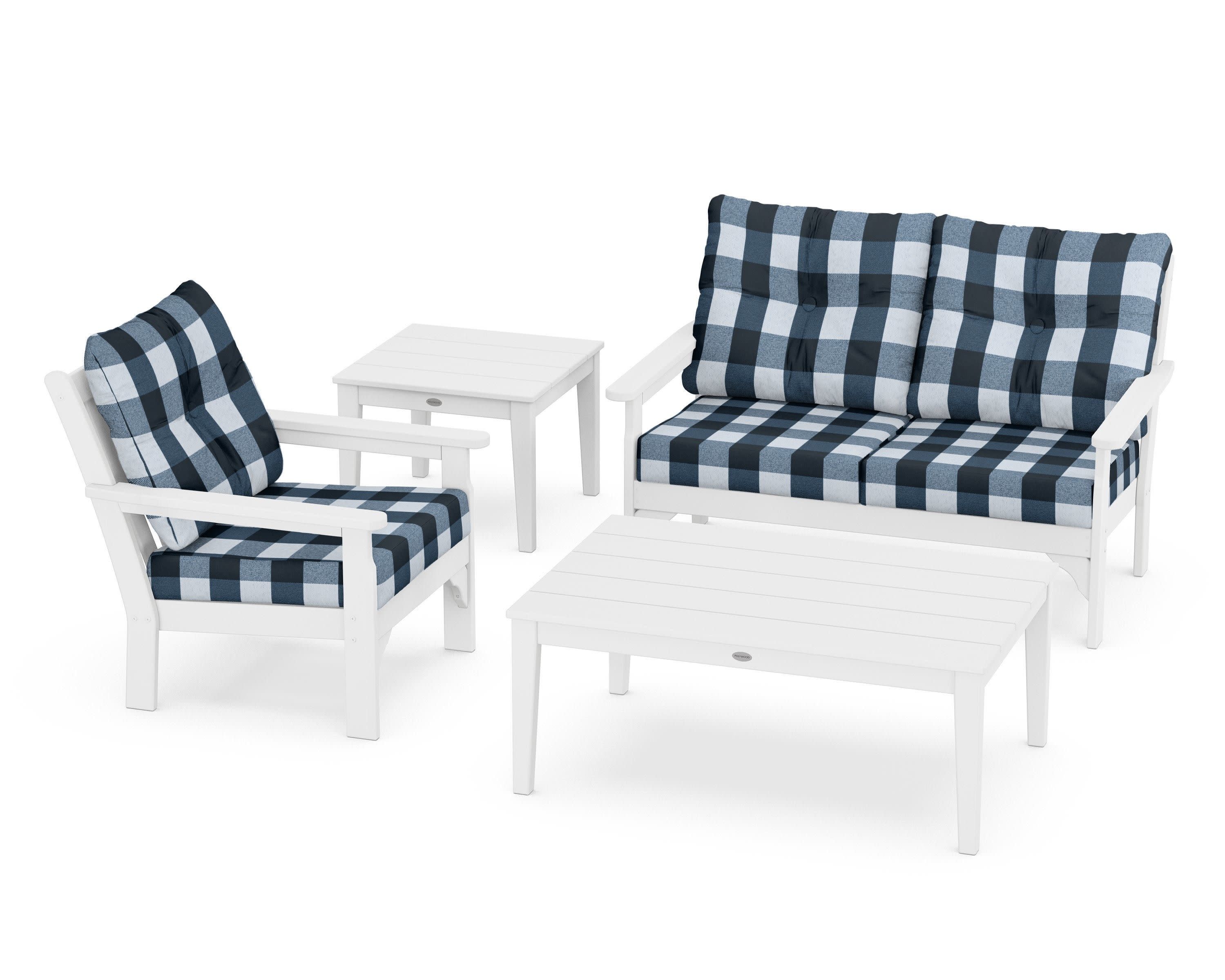 Vineyard 4-Piece Deep Seating Set in White / Buffalo Plaid Marine Indigo