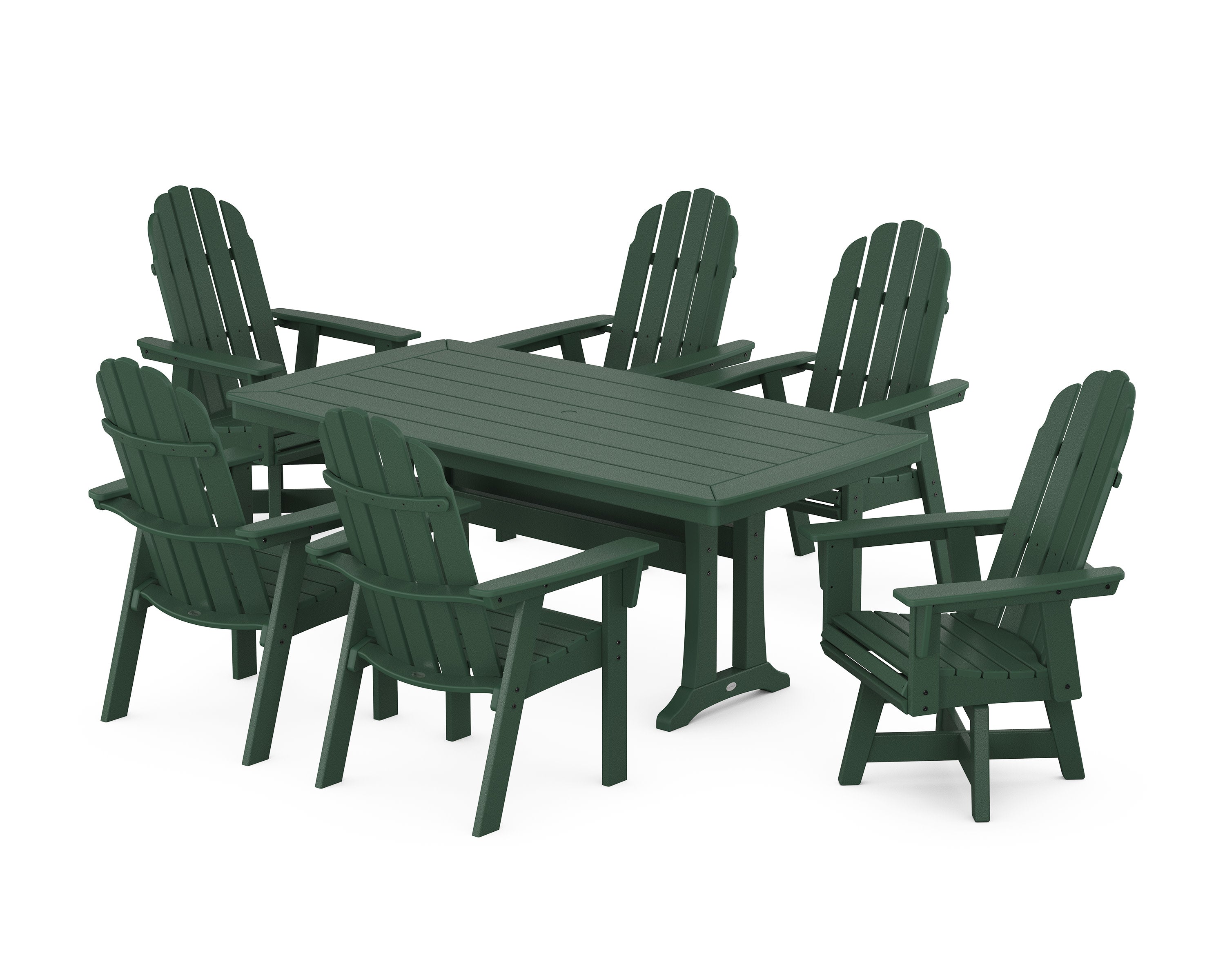 Vineyard Curveback Adirondack Swivel Chair 7-Piece Dining Set with Trestle Legs in Green