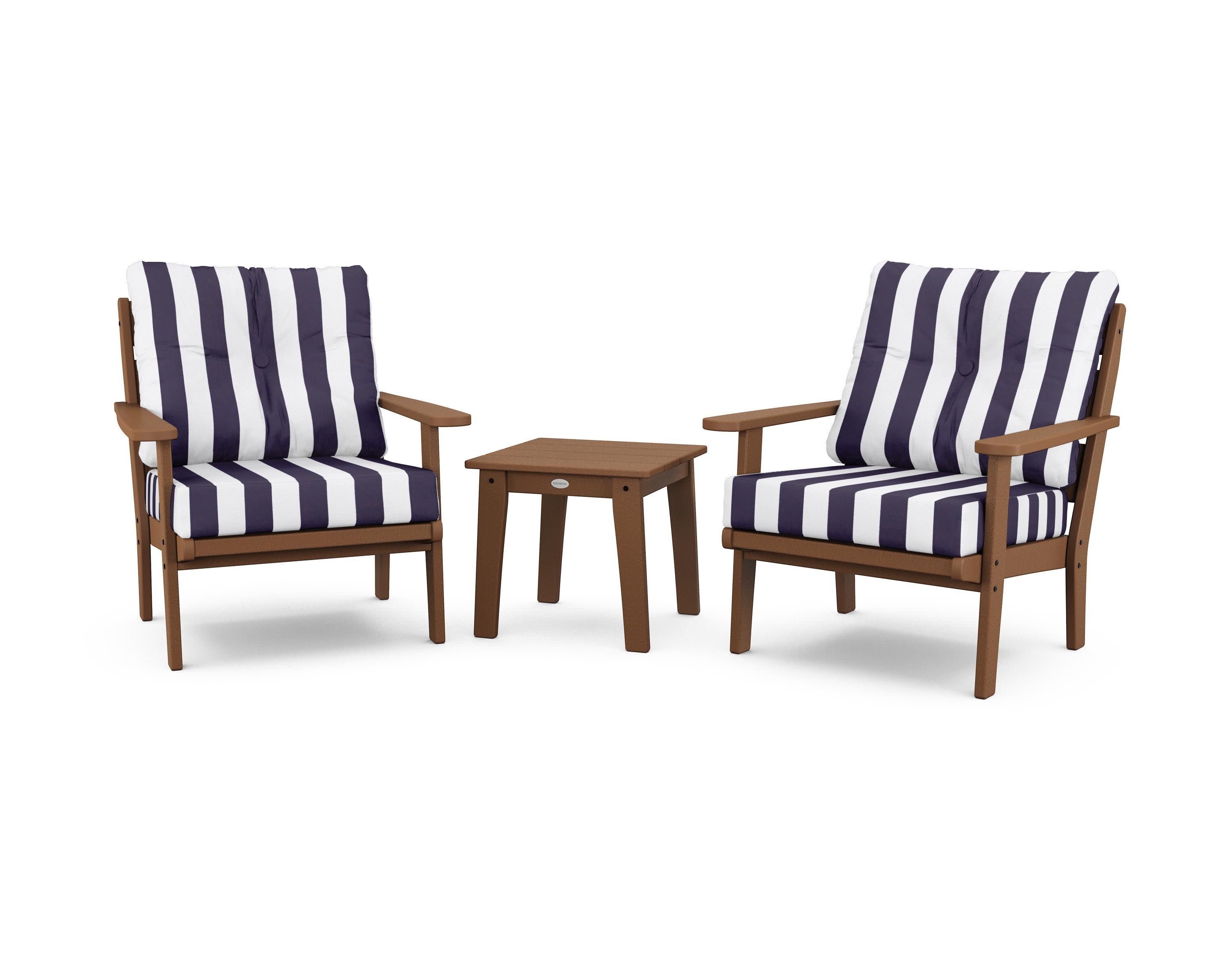 Lakeside 3-Piece Deep Seating Chair Set in Teak / Cabana Stripe Navy