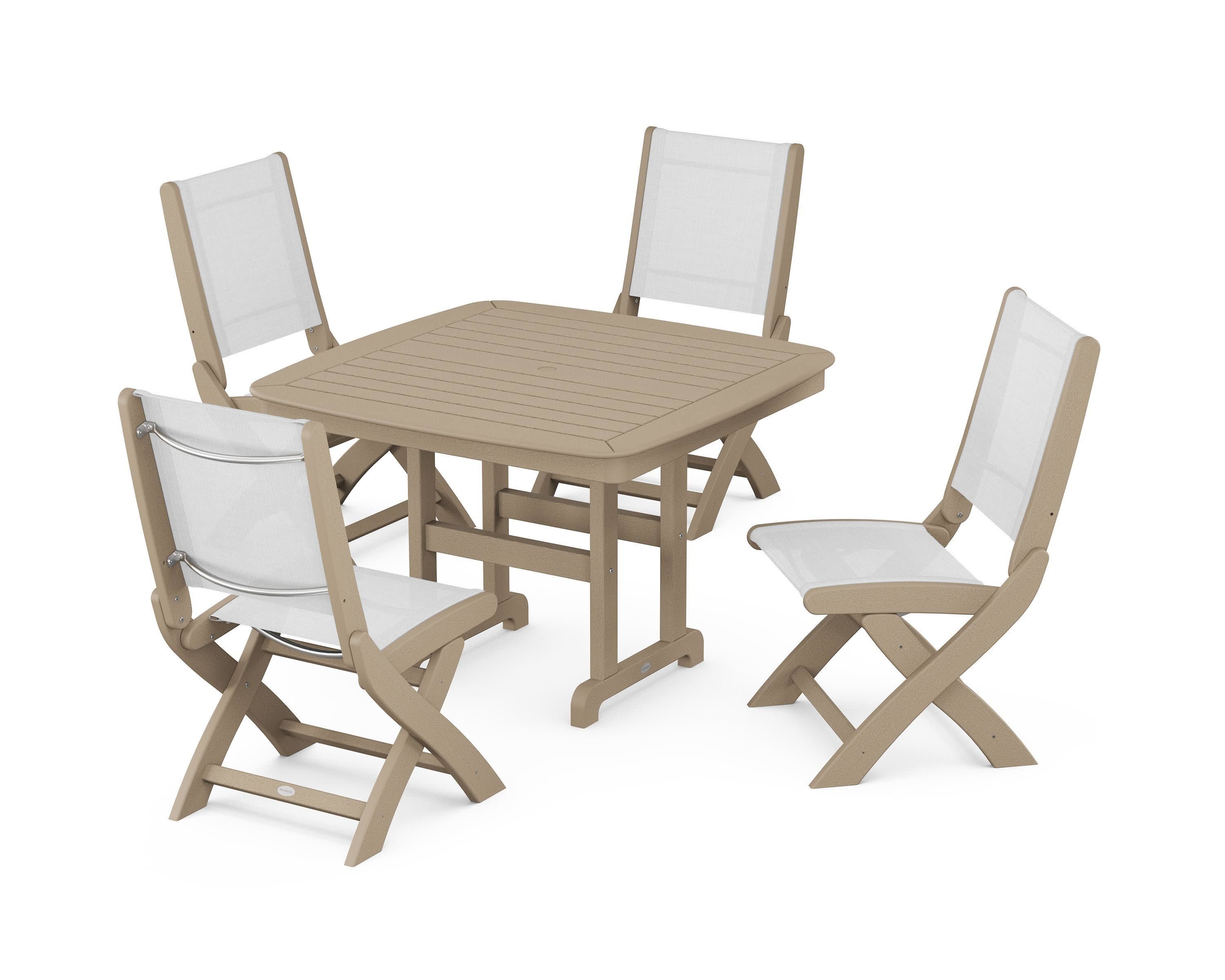 Coastal Folding Side Chair 5-Piece Dining Set in Vintage Sahara / White Sling