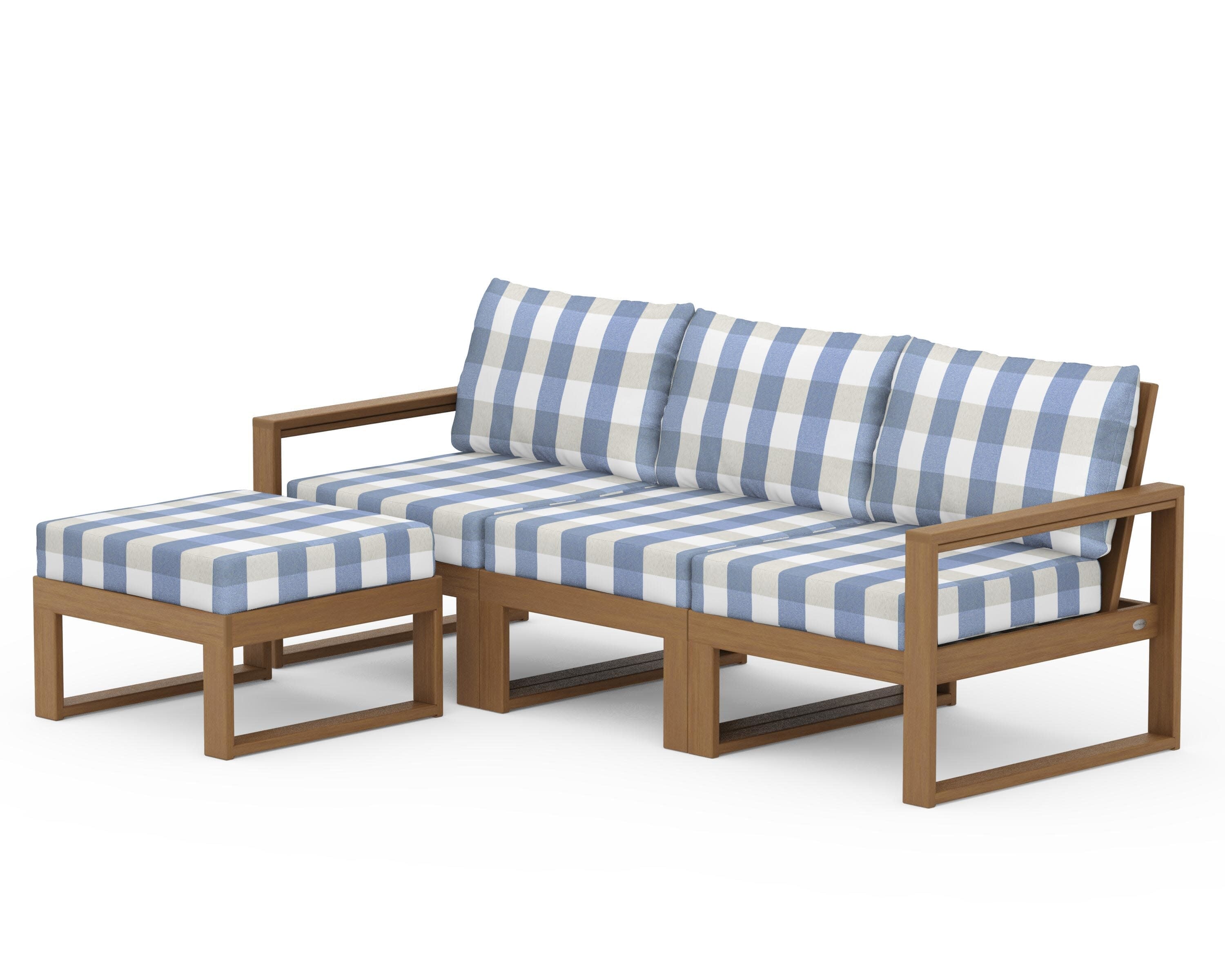 EDGE 4-Piece Modular Deep Seating Set with Ottoman in Natural / Buffalo Plaid Sky Blue