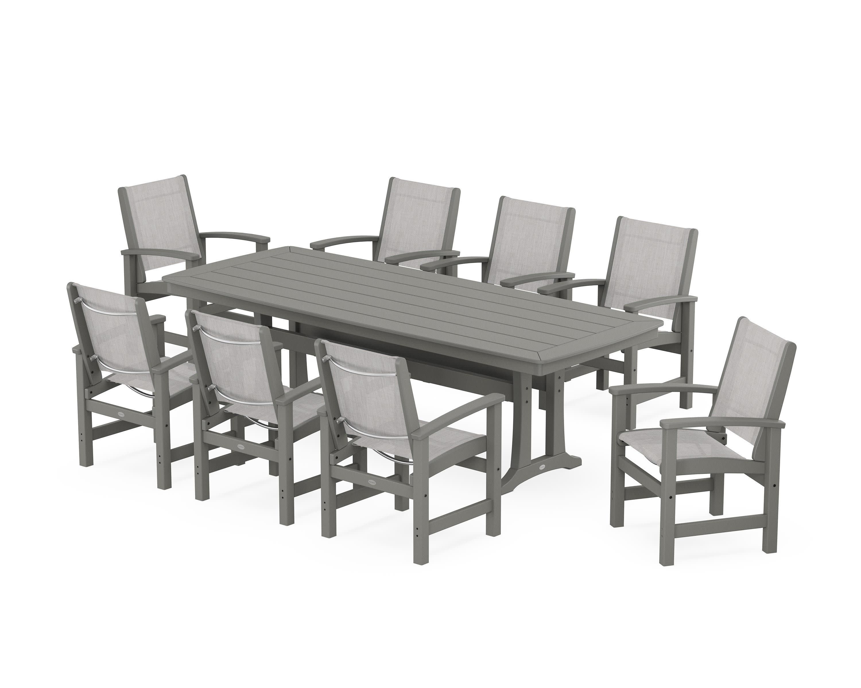 Coastal 9-Piece Dining Set with Trestle Legs in Slate Grey / Parchment Sling
