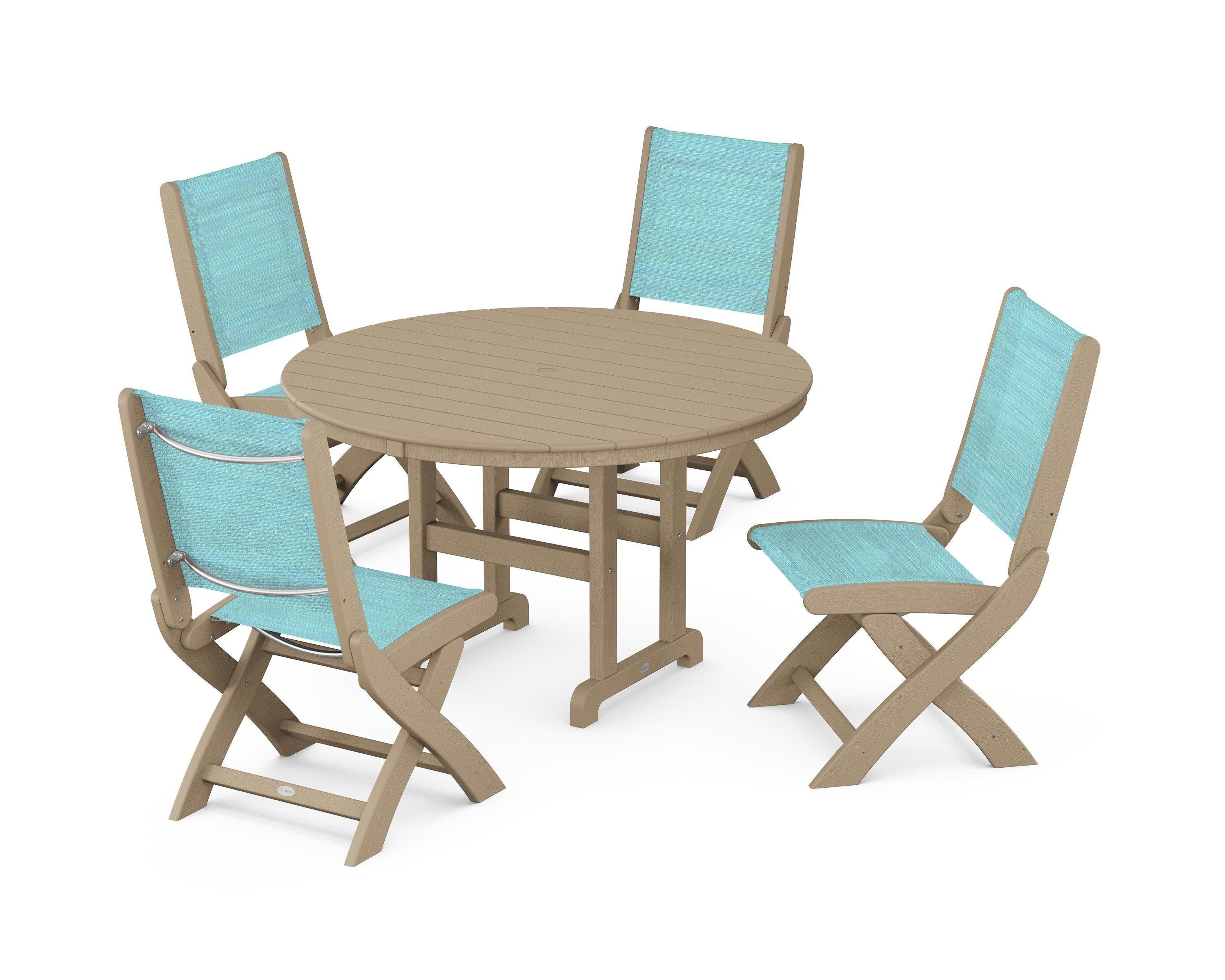Coastal Folding Side Chair 5-Piece Round Dining Set in Vintage Sahara / Dupioni Aquamarine Sling