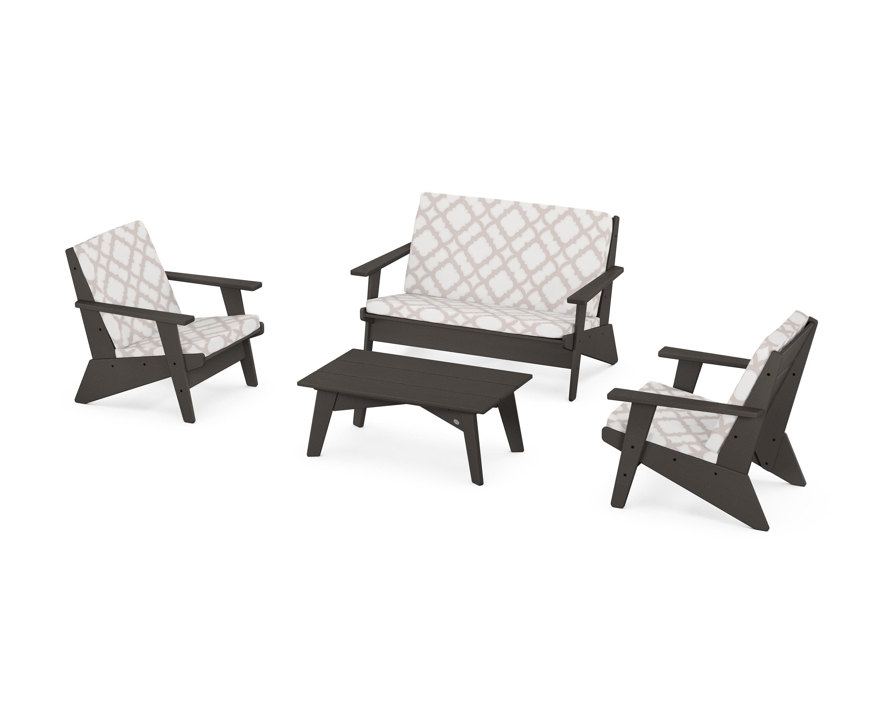 Riviera Modern Lounge 4-Piece Set in Vintage Coffee / Trellis Dune Burlap
