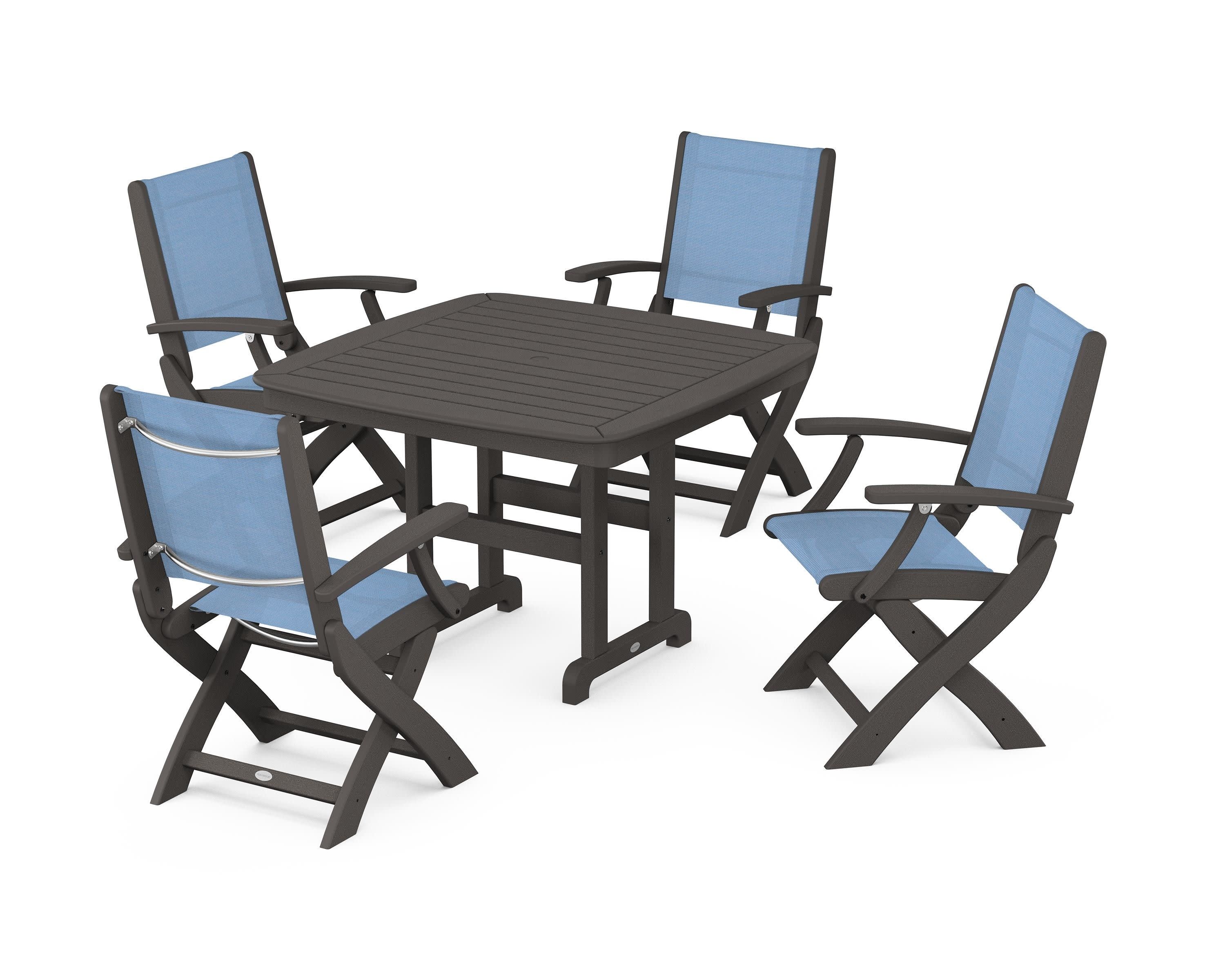 Coastal Folding Chair 5-Piece Dining Set in Vintage Coffee / Poolside Sling