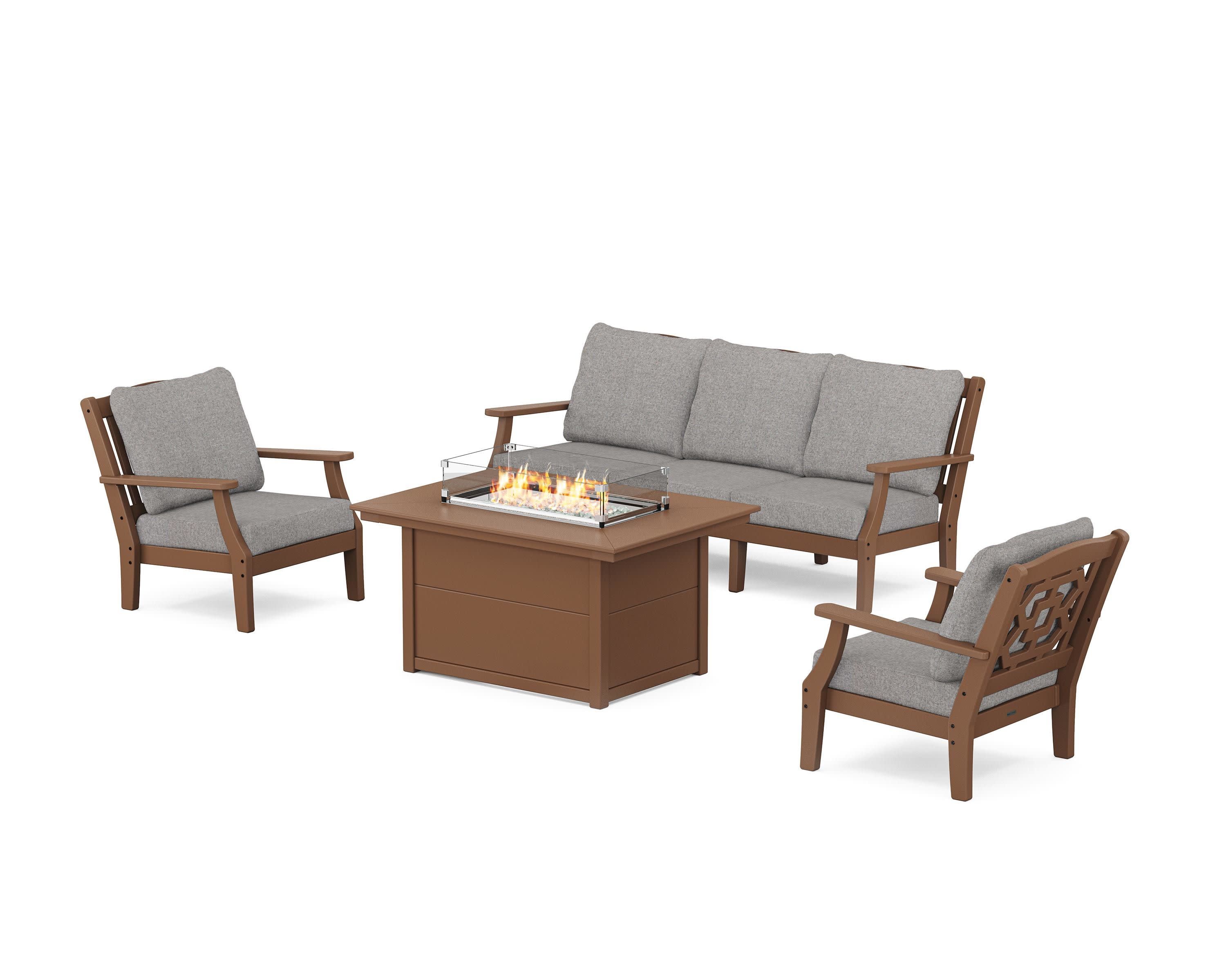 Chinoiserie Deep Seating Fire Pit Table Set in Teak / Grey Mist