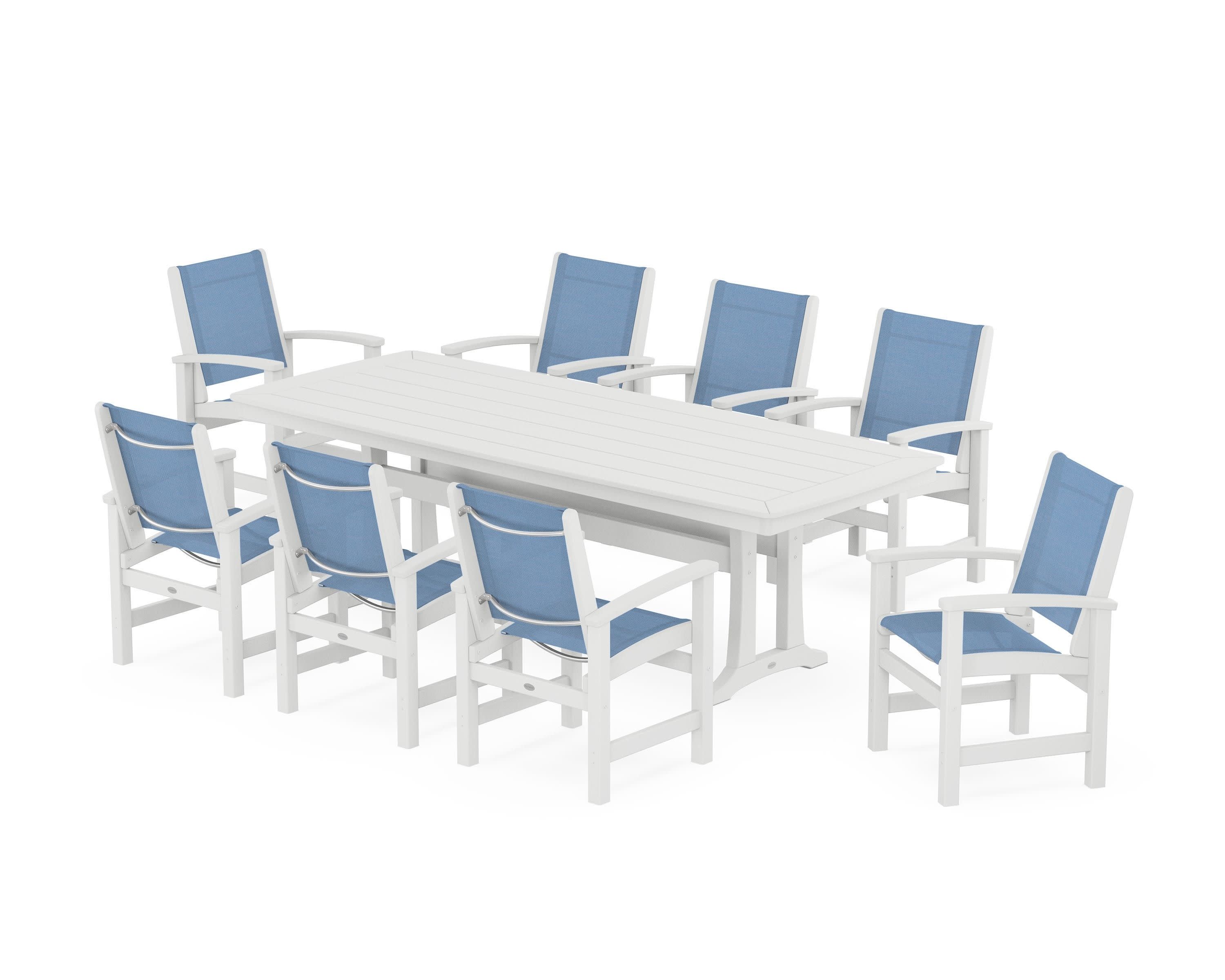 Coastal 9-Piece Dining Set with Trestle Legs in White / Poolside Sling