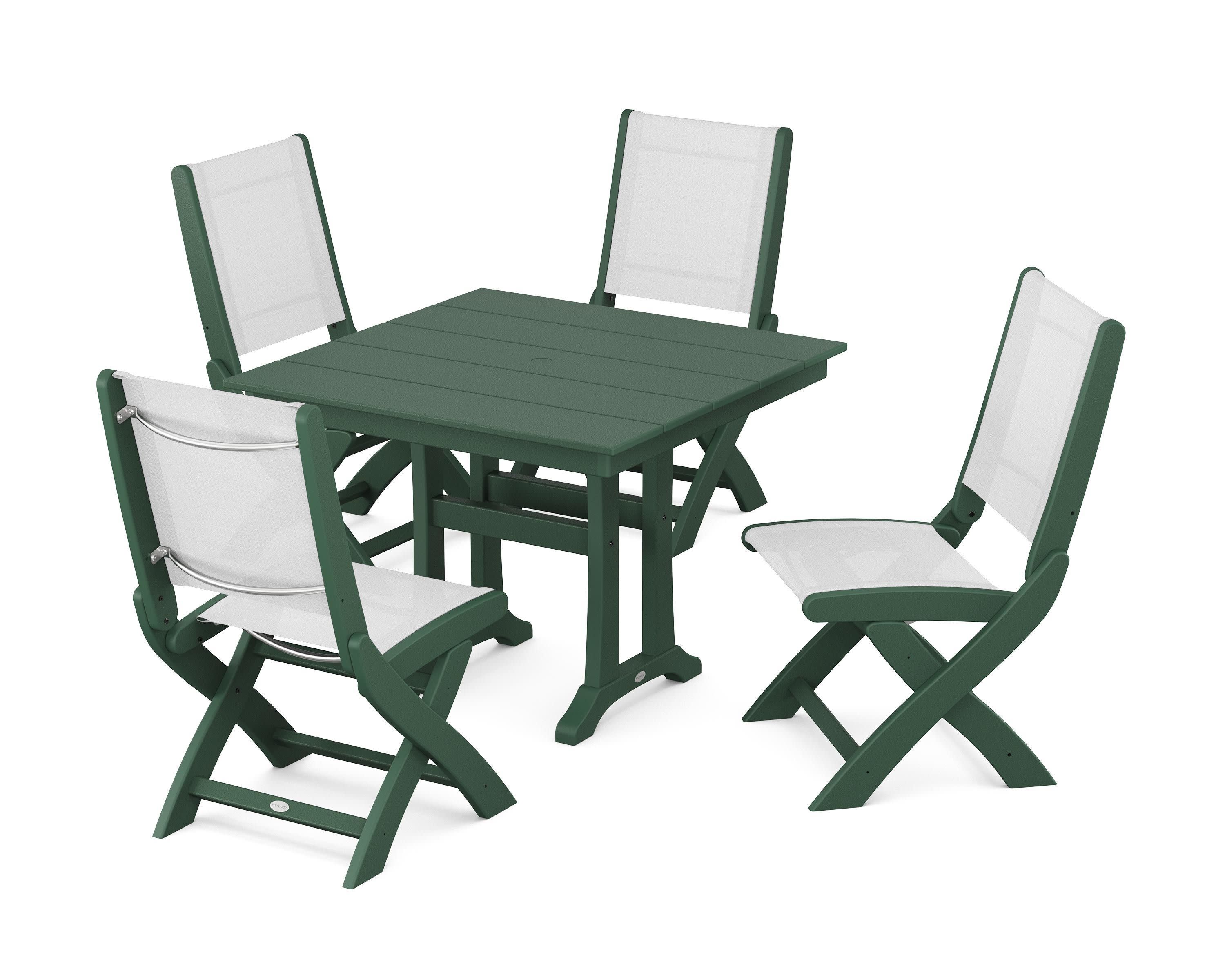 Coastal Folding Side Chair 5-Piece Farmhouse Dining Set With Trestle Legs in Green / White Sling