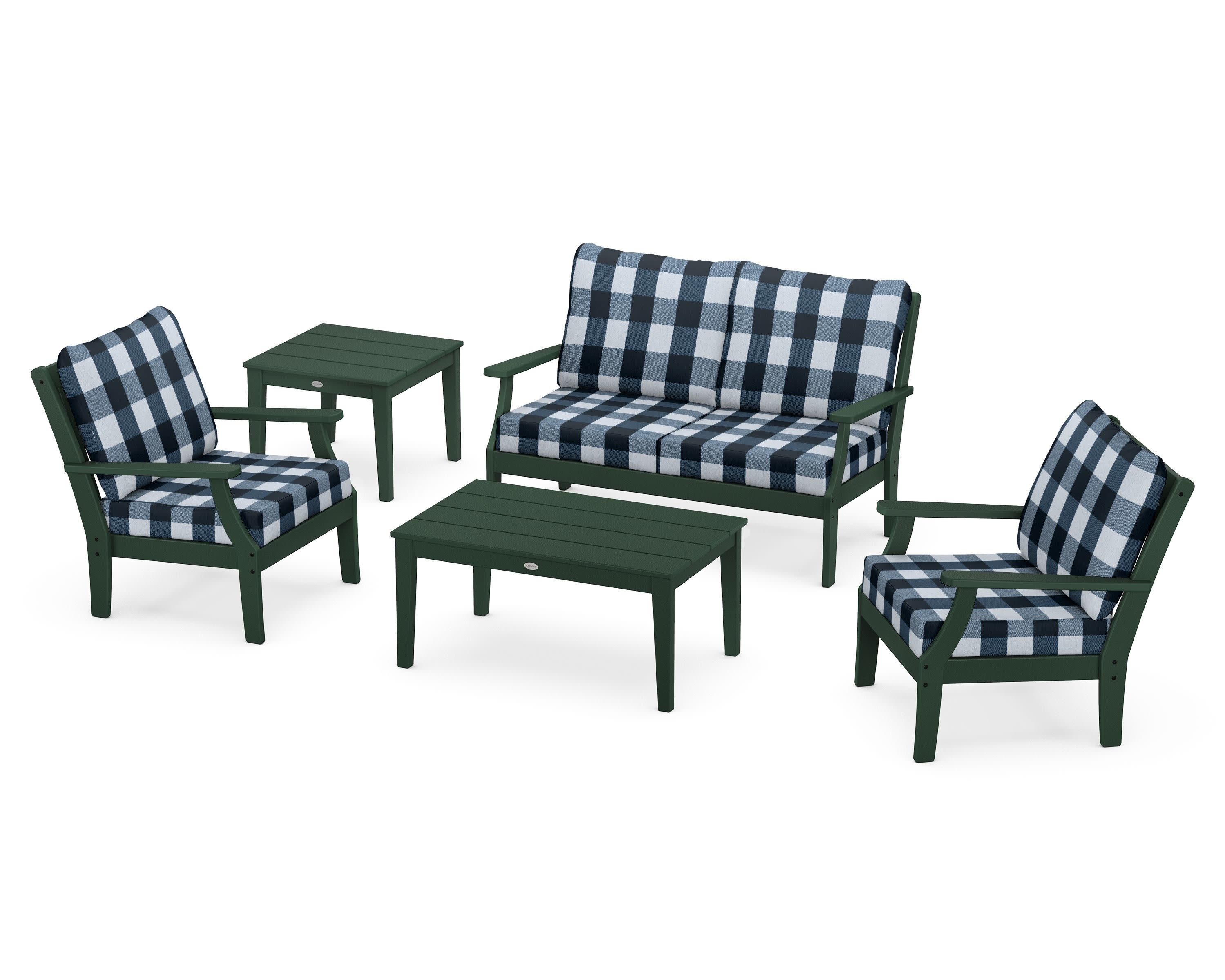 Braxton 5-Piece Deep Seating Set in Green / Buffalo Plaid Marine Indigo