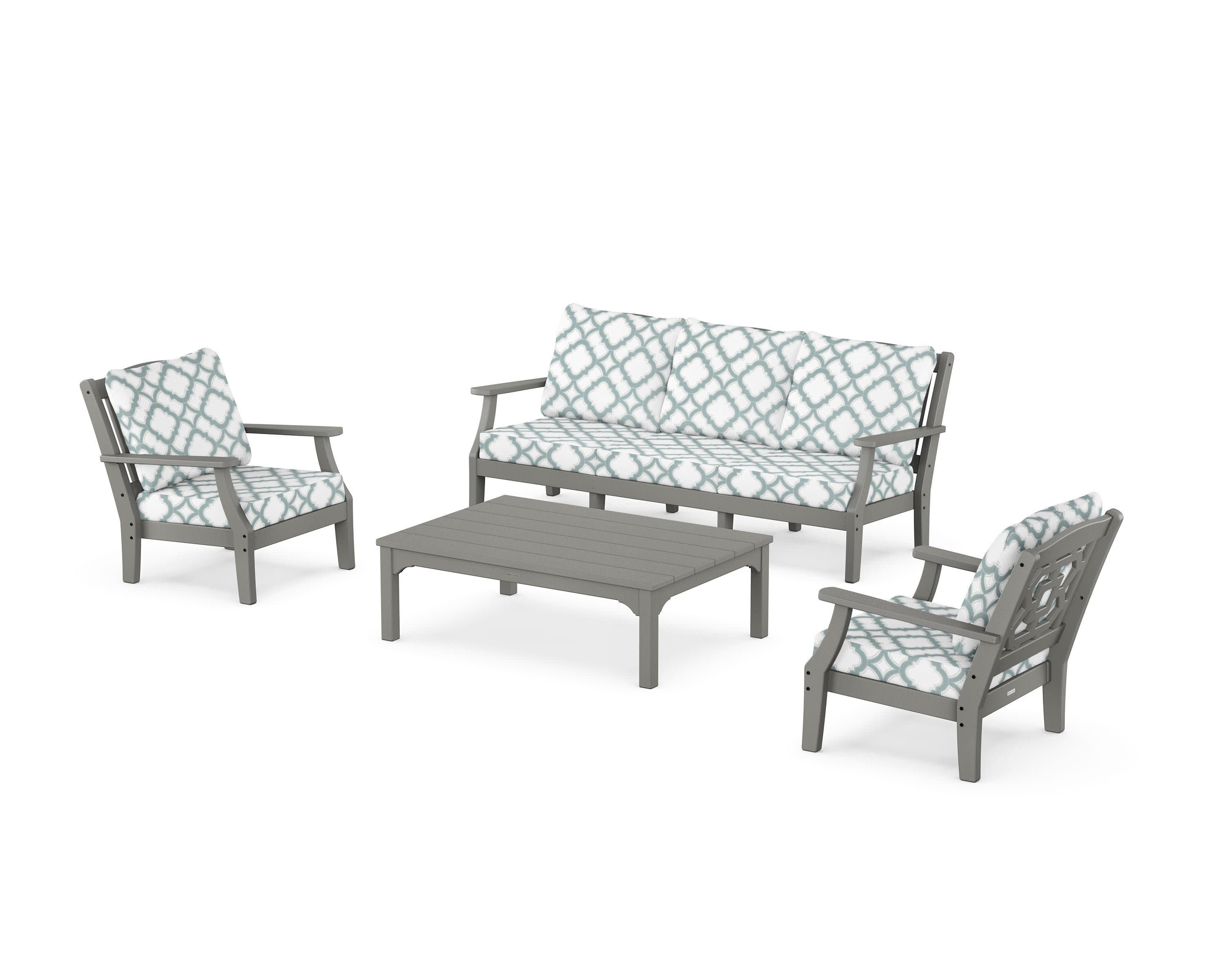 Chinoiserie 4-Piece Deep Seating Set with Sofa in Slate Grey / Trellis Glacier Spa